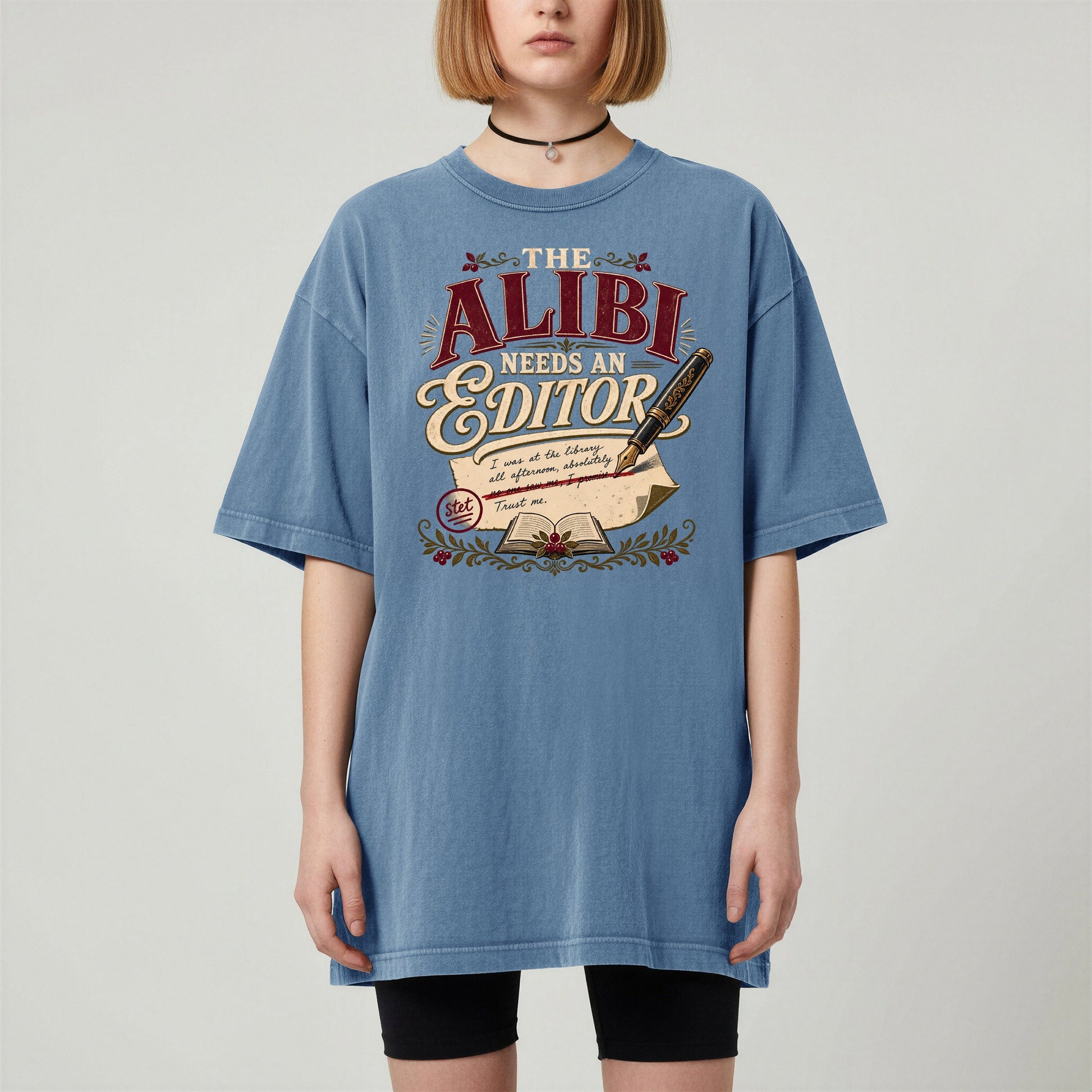 The Alibi Needs an Editor bookish tee in Blue Jean, worn