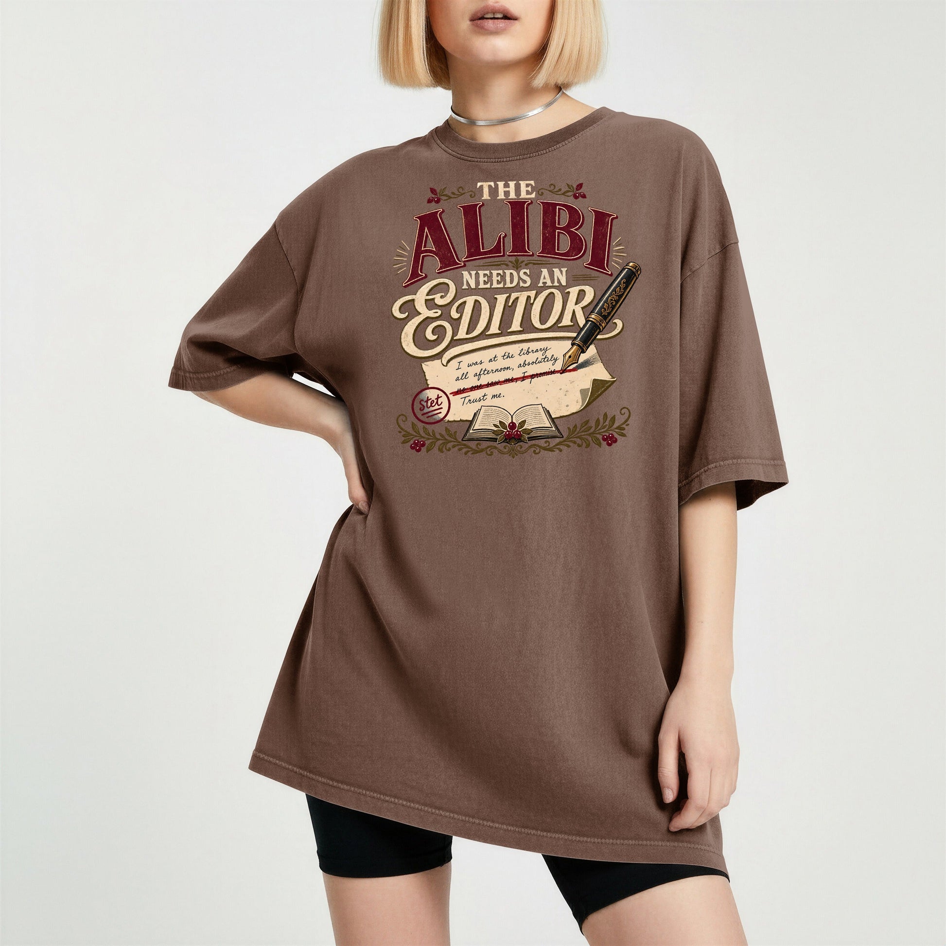 The Alibi Needs an Editor bookish tee in Espresso, worn