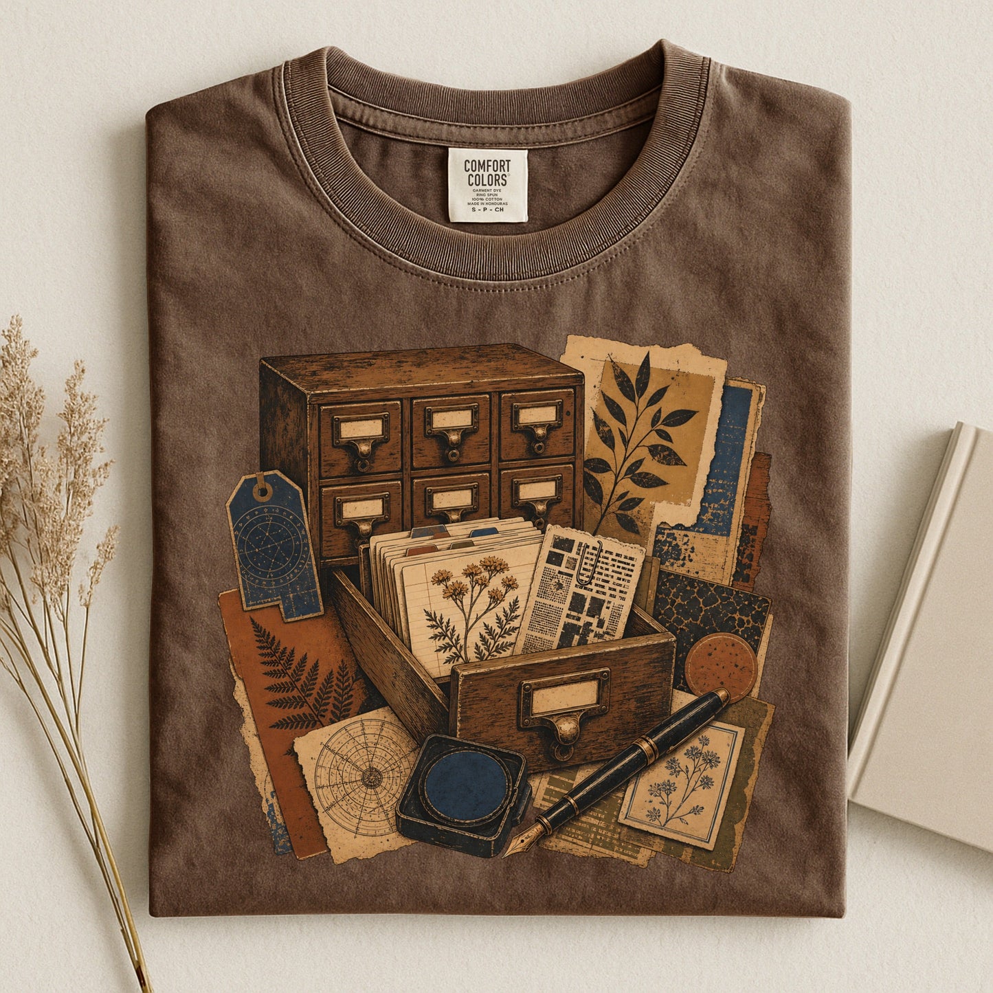 The Card Catalog bookish tee in Espresso, flat lay
