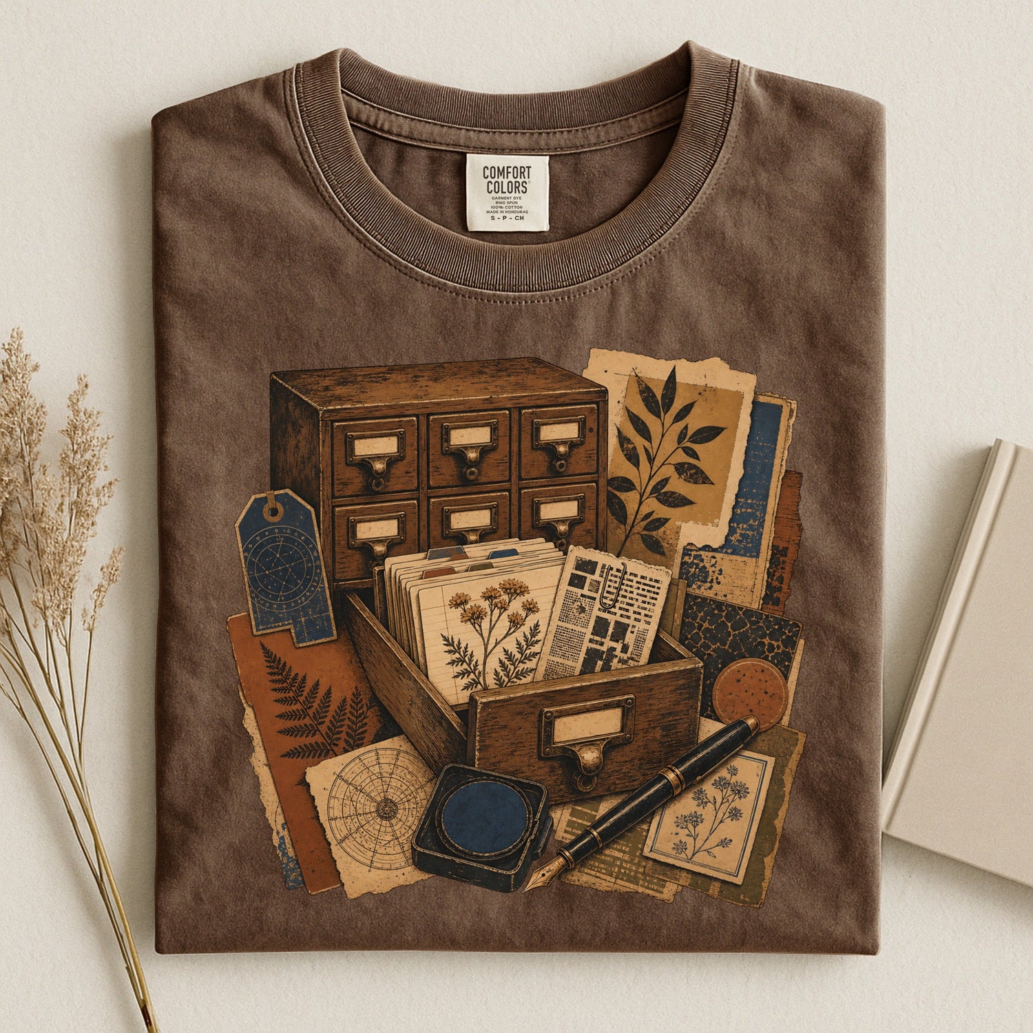 The Card Catalog bookish tee in Espresso, flat lay