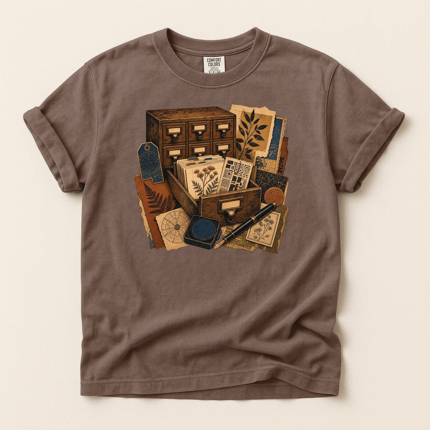 The Card Catalog bookish tee in Espresso, full flat