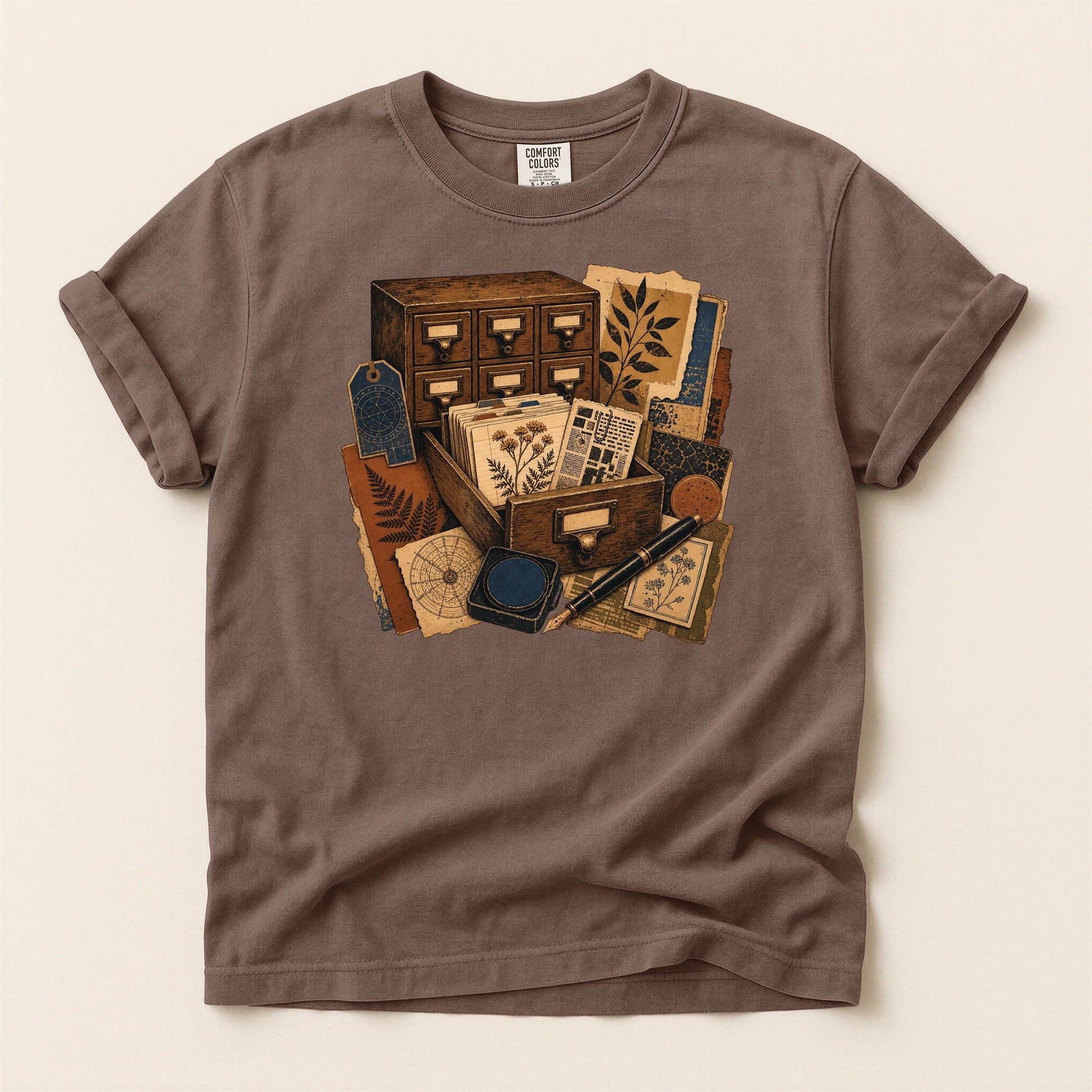 The Card Catalog bookish tee in Espresso, full flat