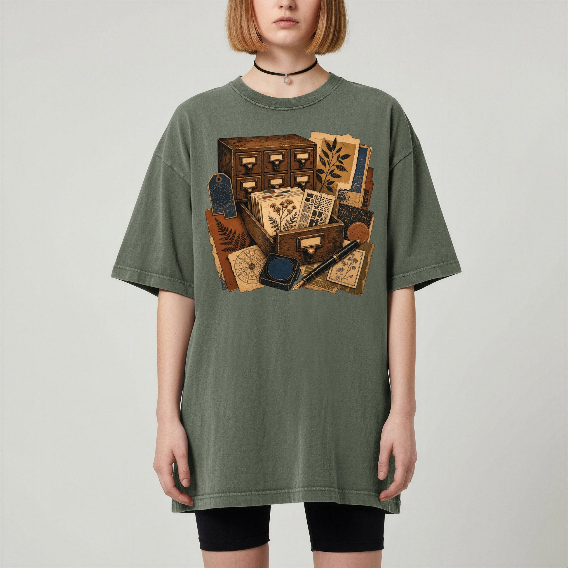 The Card Catalog bookish tee in Moss, worn