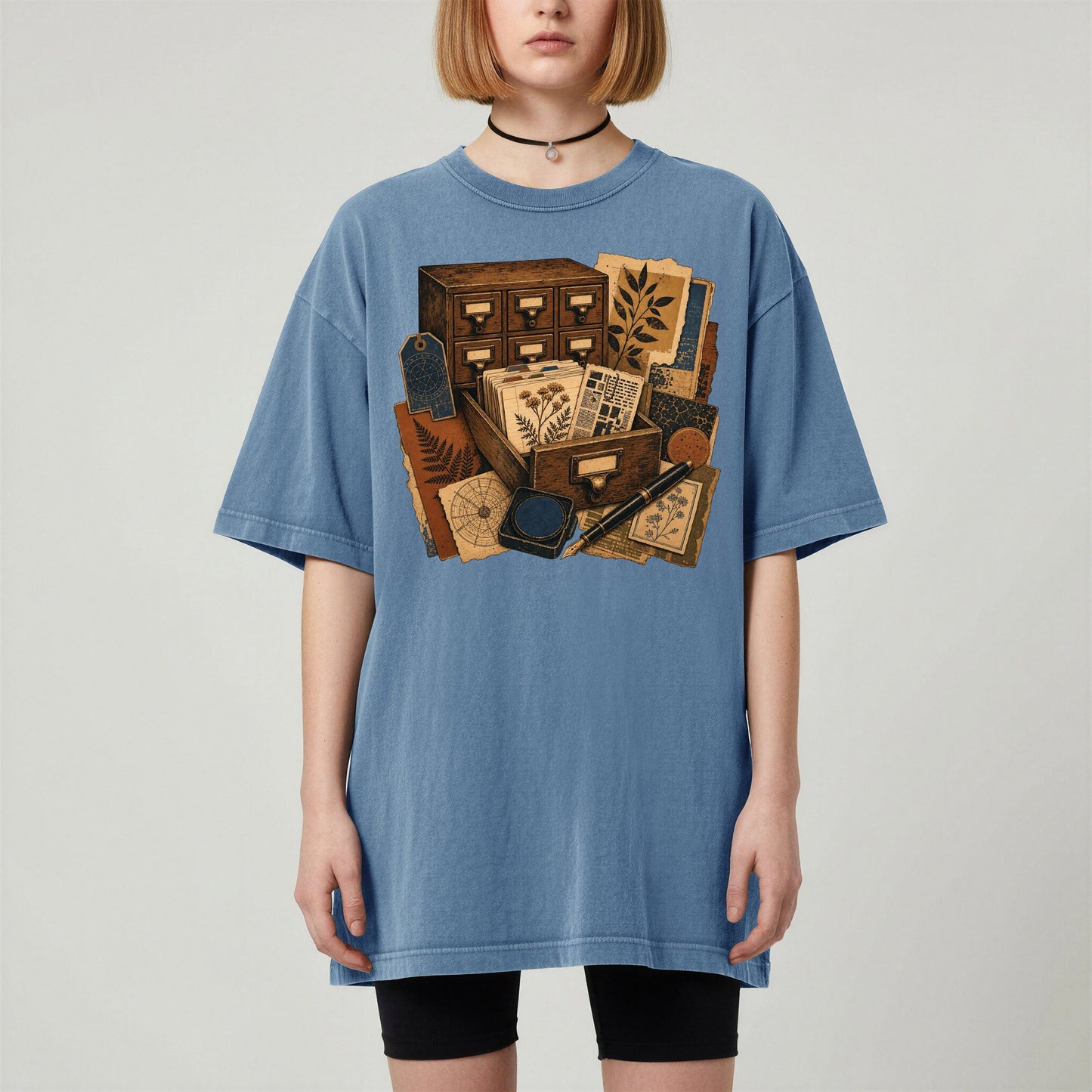 The Card Catalog bookish tee in Blue Jean, worn
