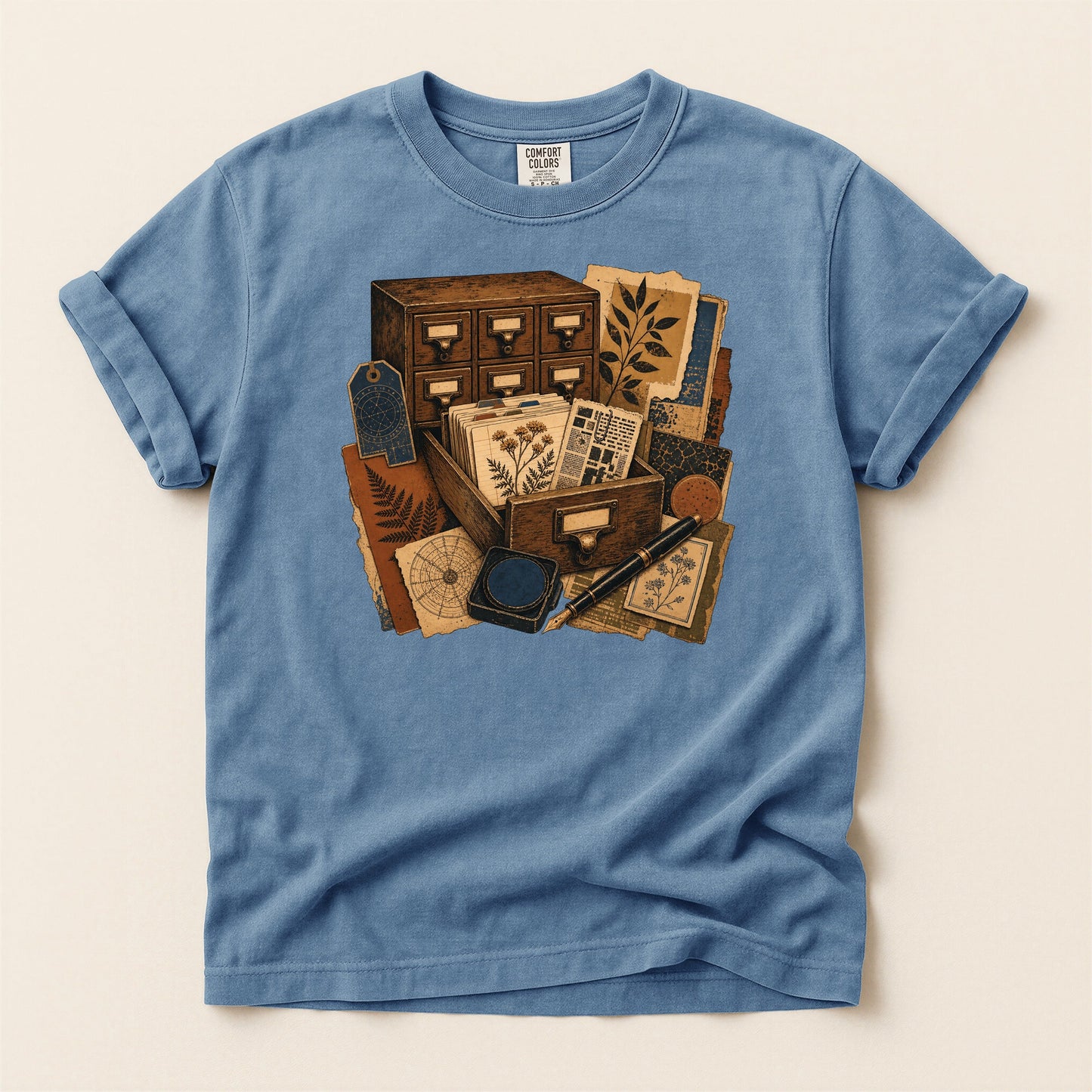 The Card Catalog bookish tee in Blue Jean, full flat