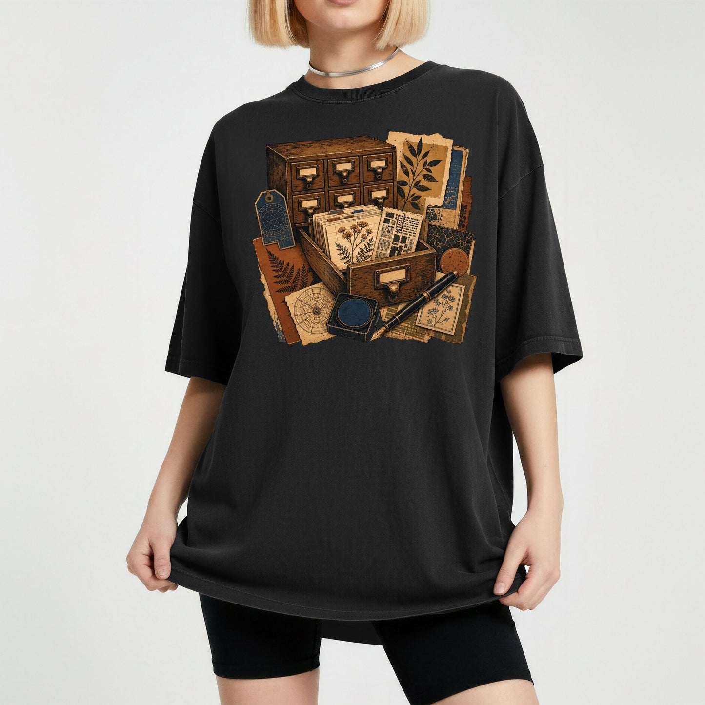 The Card Catalog bookish tee in Black, worn