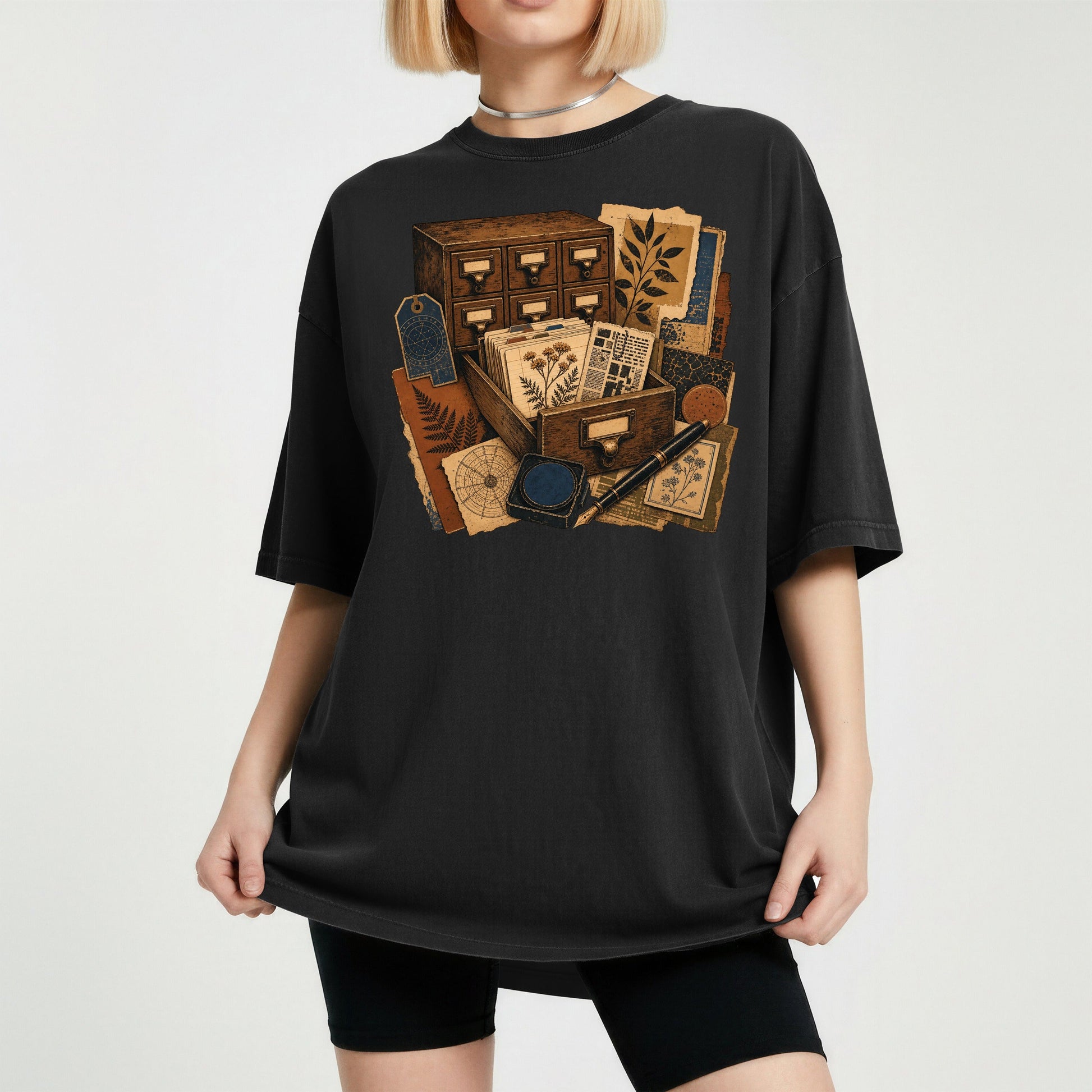 The Card Catalog bookish tee in Black, worn
