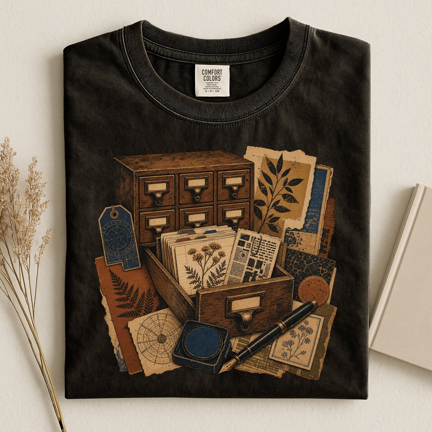 The Card Catalog bookish tee in Black, flat lay