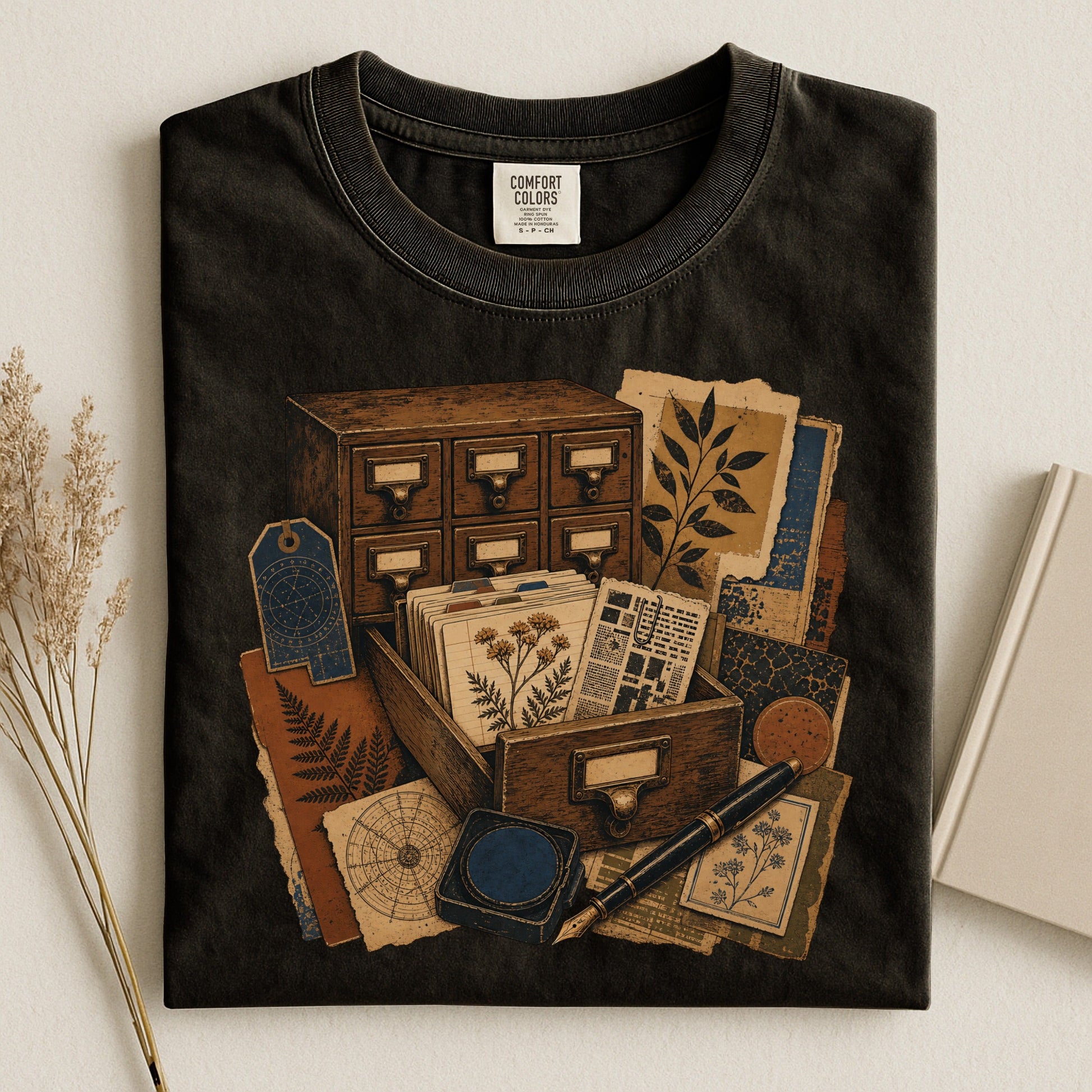 The Card Catalog bookish tee in Black, flat lay