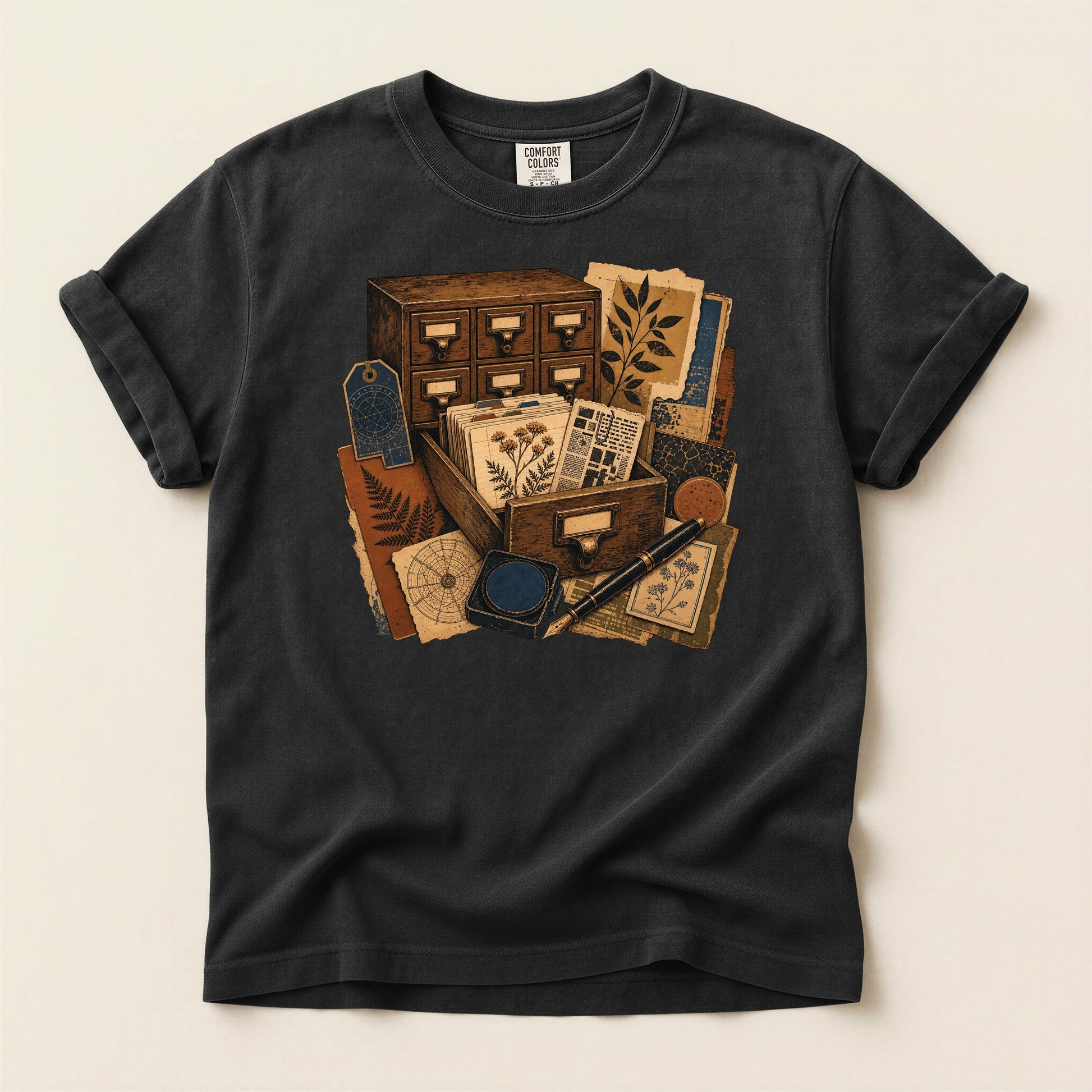 The Card Catalog bookish tee in Black, full flat