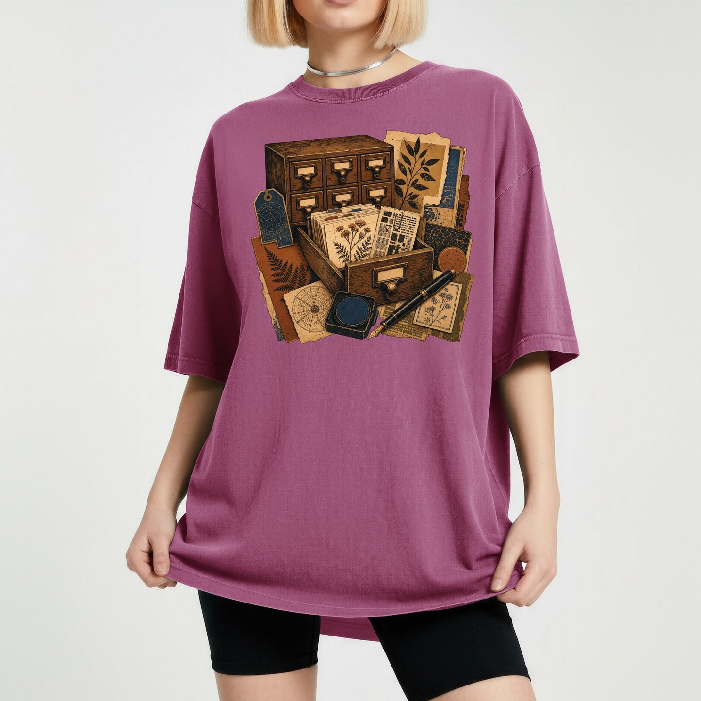 The Card Catalog bookish tee in Berry, worn