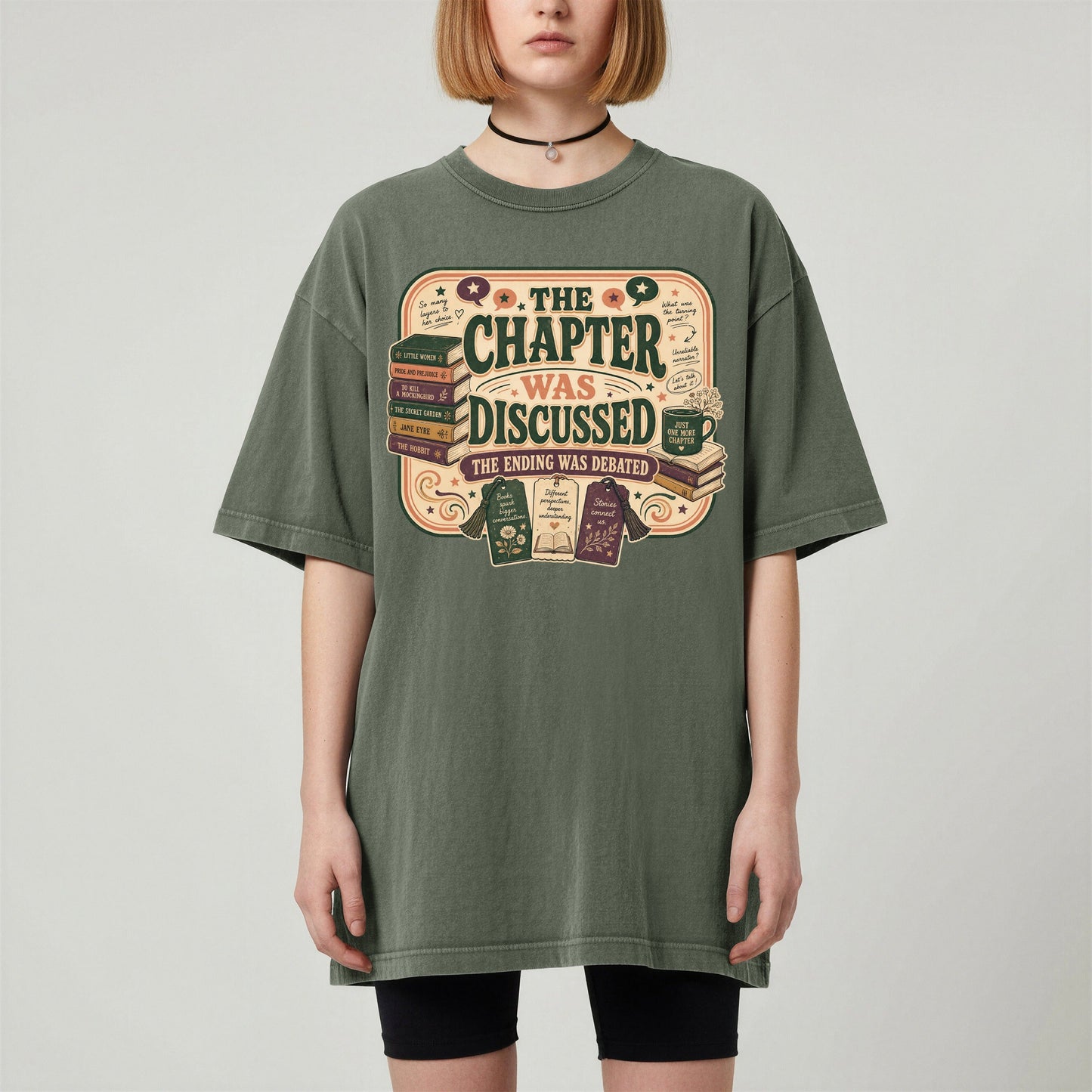 The Chapter Was Discussed bookish tee in Moss, worn