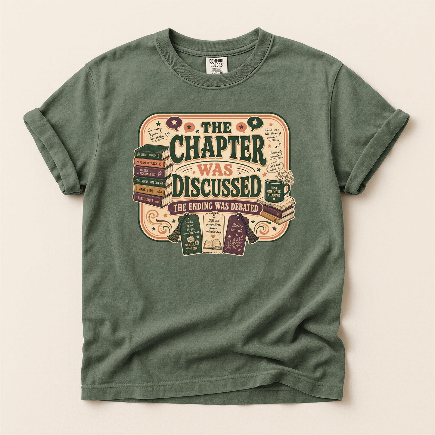 The Chapter Was Discussed bookish tee in Moss, full flat
