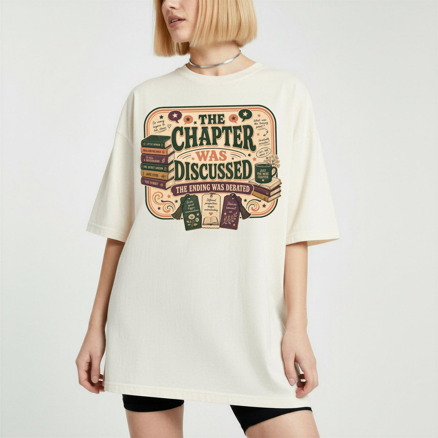 The Chapter Was Discussed bookish tee in Ivory, worn