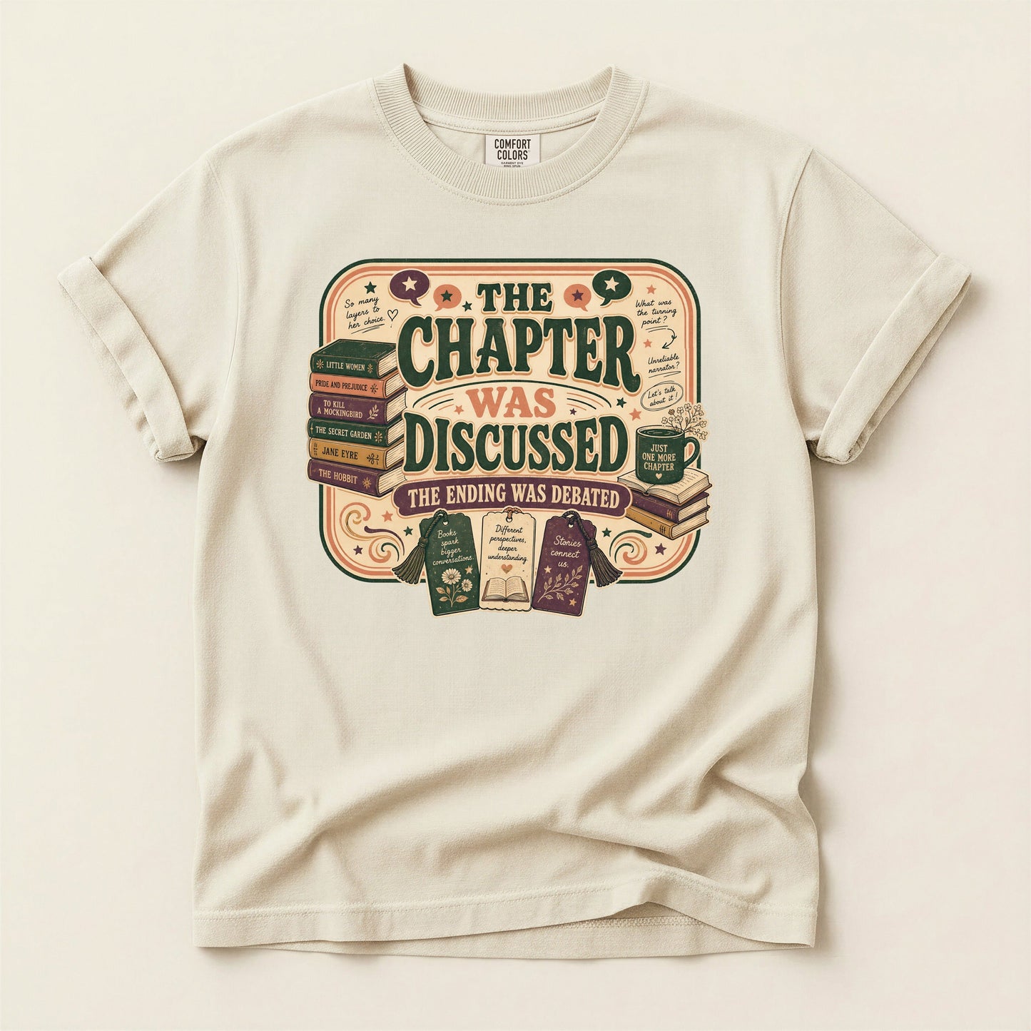The Chapter Was Discussed bookish tee in Ivory, full flat