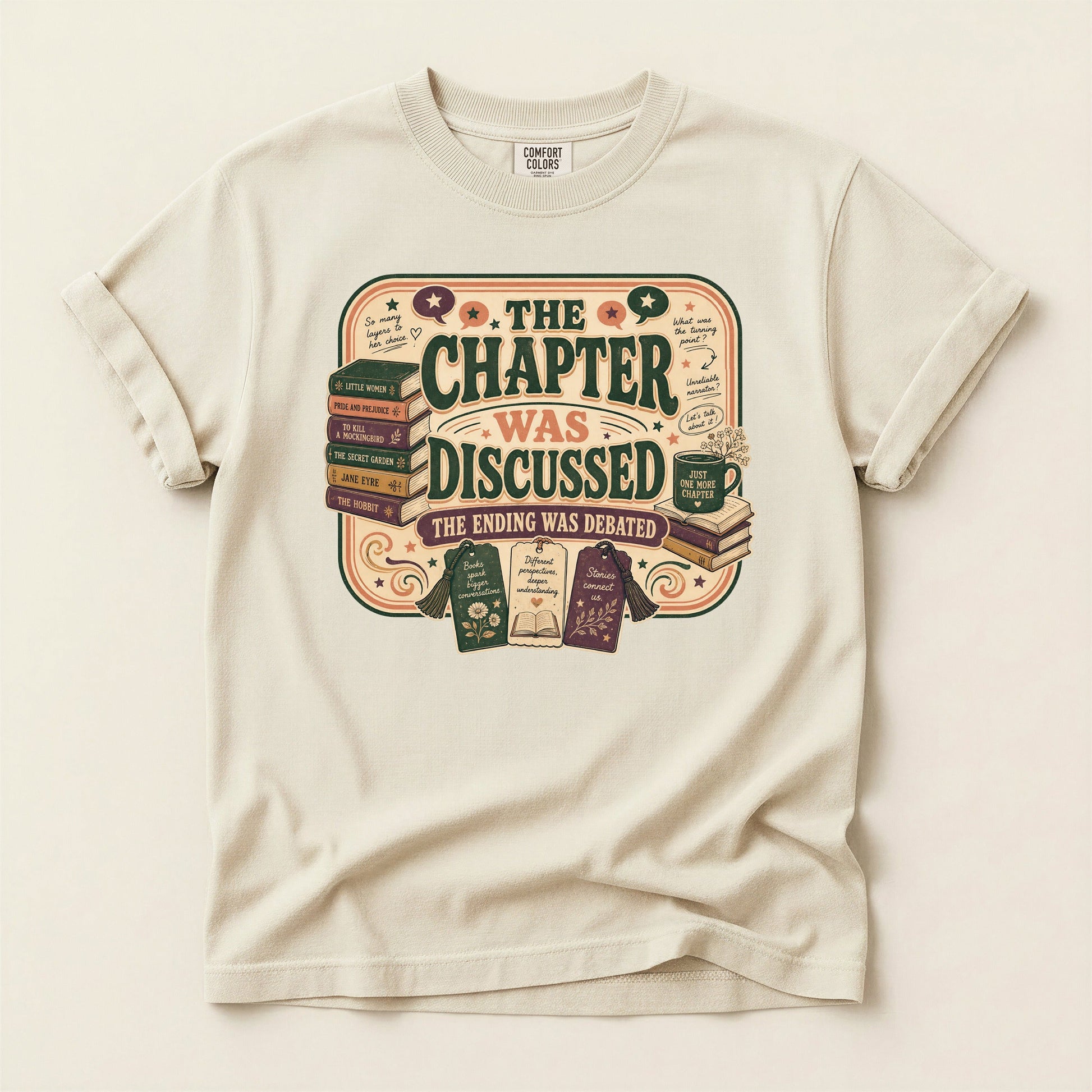 The Chapter Was Discussed bookish tee in Ivory, full flat