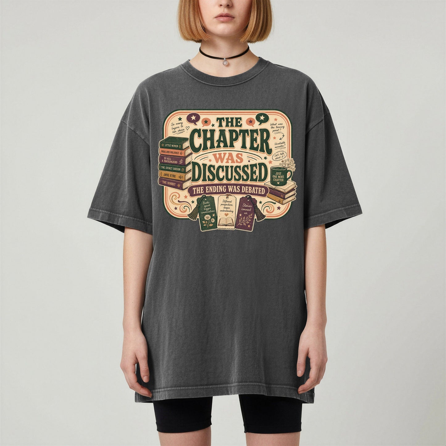The Chapter Was Discussed bookish tee in Pepper, worn
