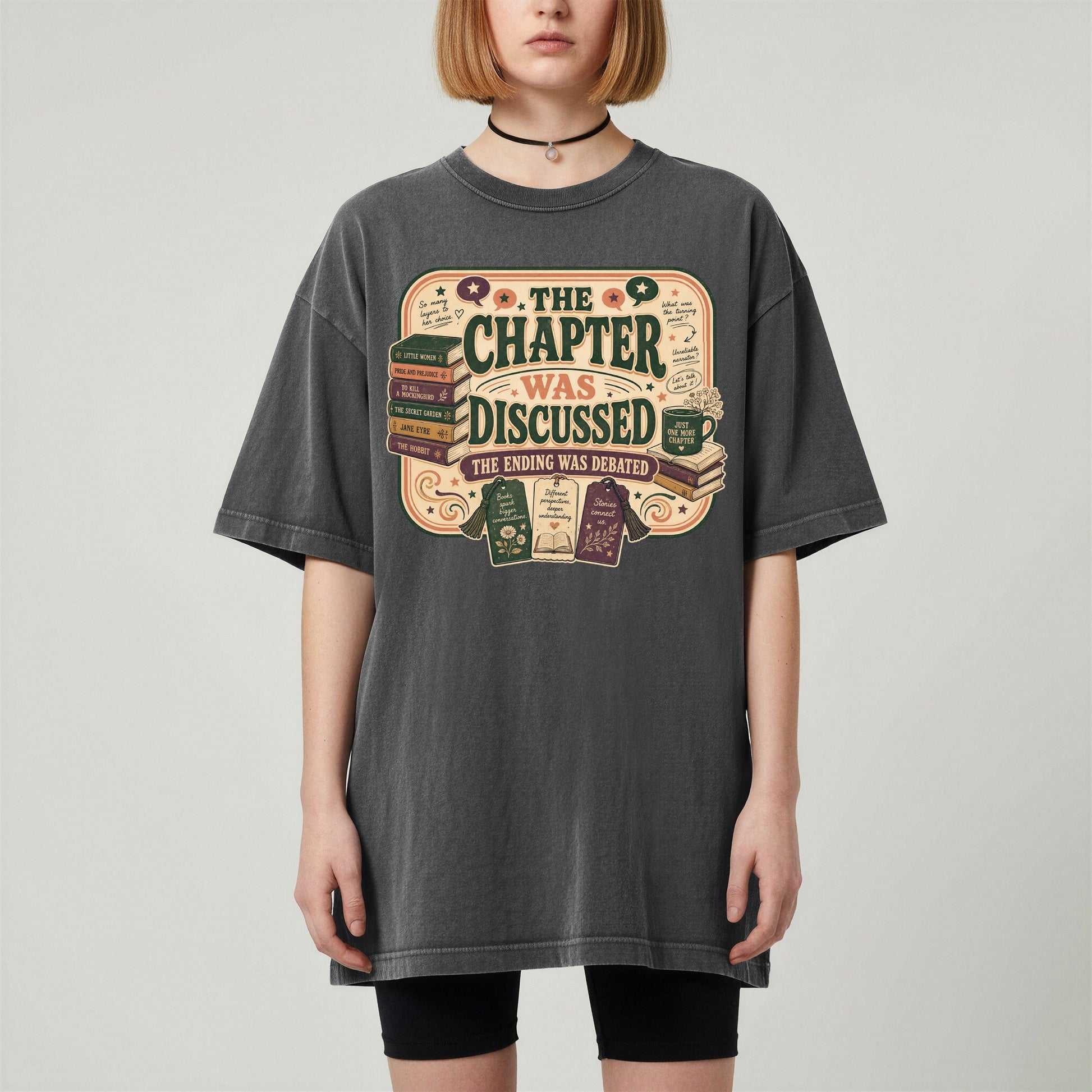 The Chapter Was Discussed bookish tee in Pepper, worn