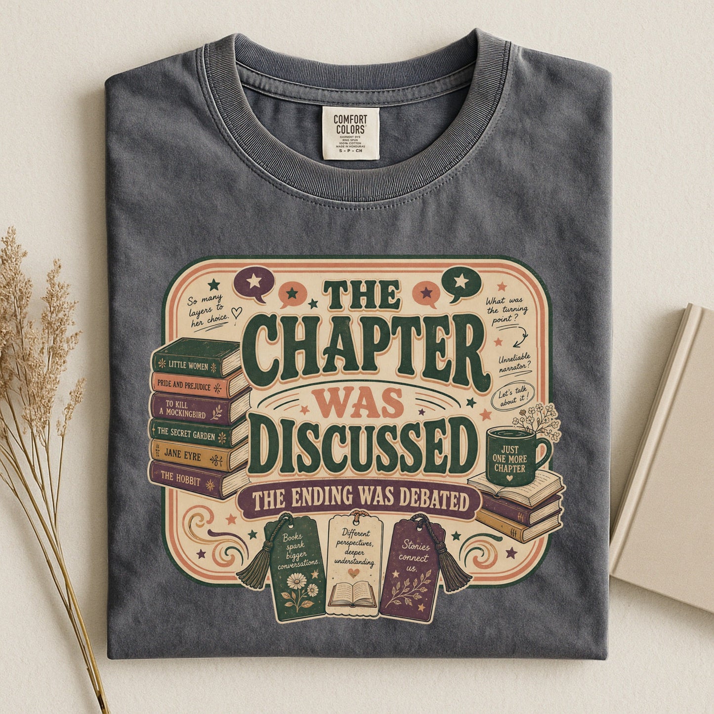 The Chapter Was Discussed bookish tee in Pepper, flat lay