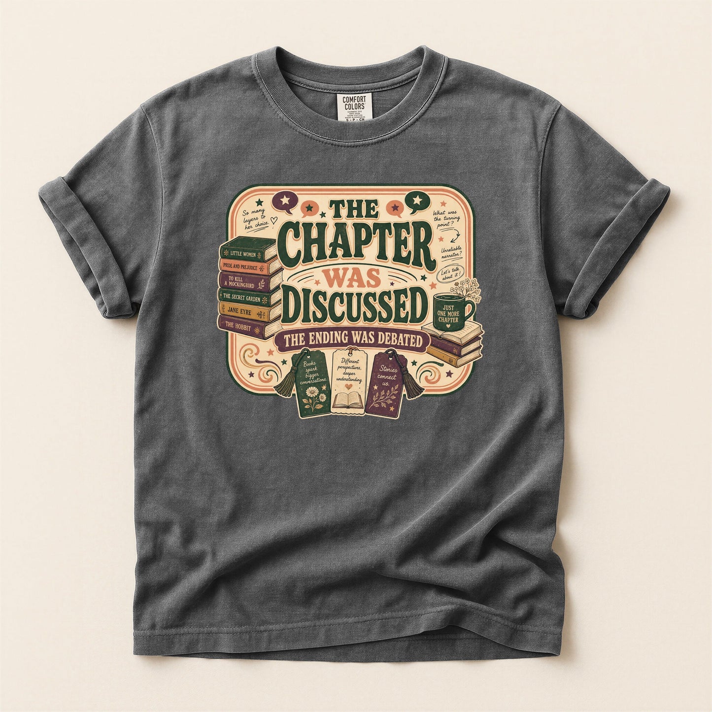 The Chapter Was Discussed bookish tee in Pepper, full flat