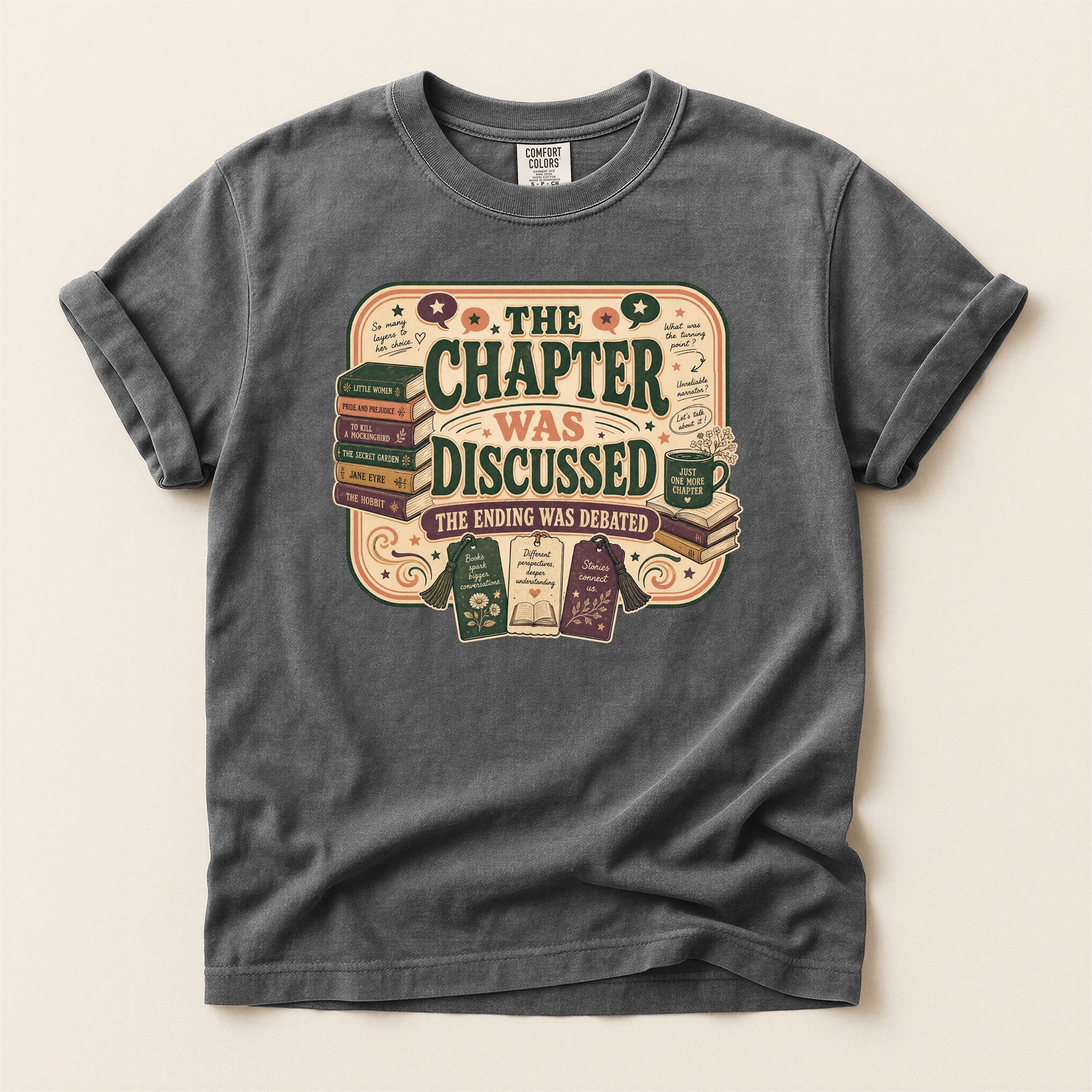 The Chapter Was Discussed bookish tee in Pepper, full flat