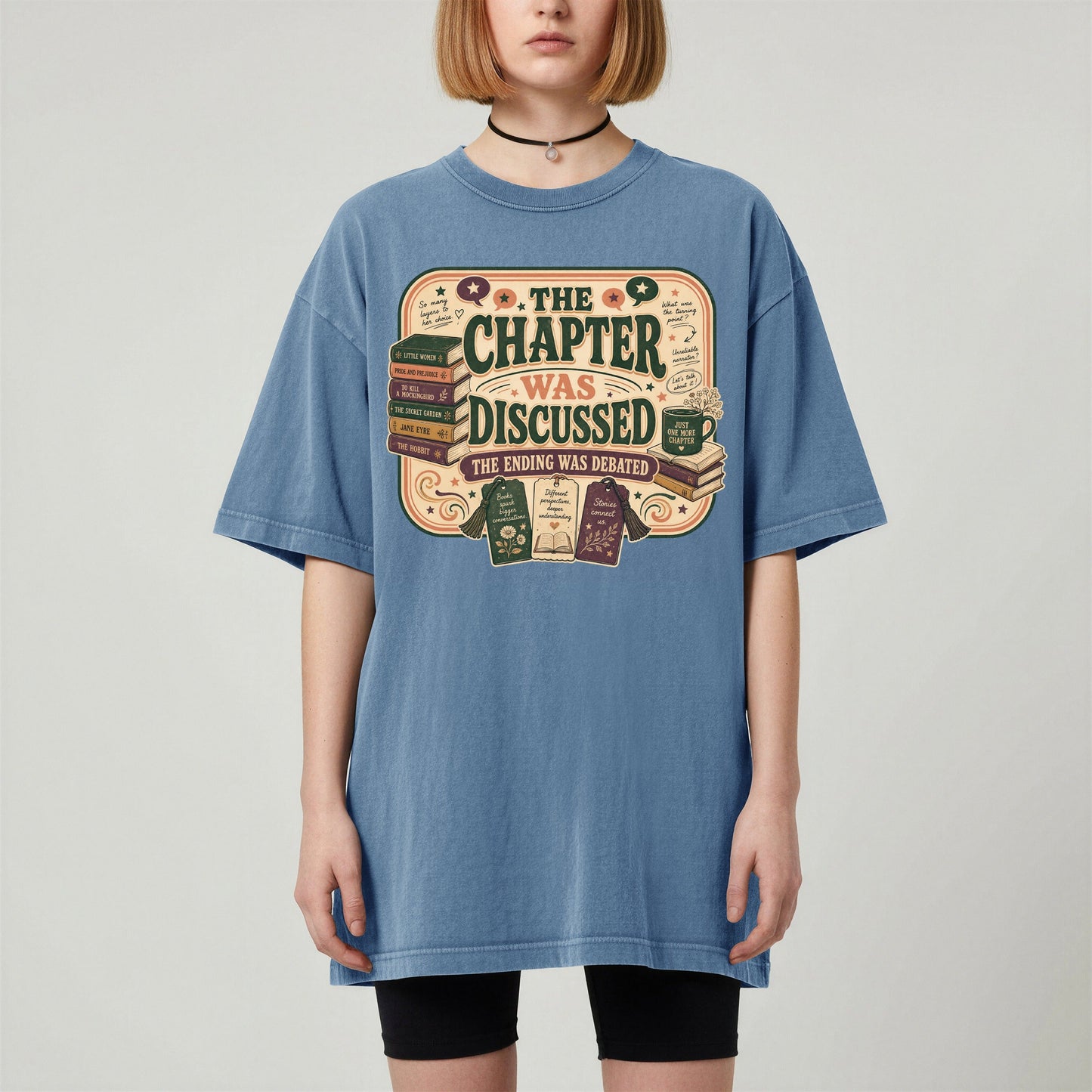 The Chapter Was Discussed bookish tee in Blue Jean, worn