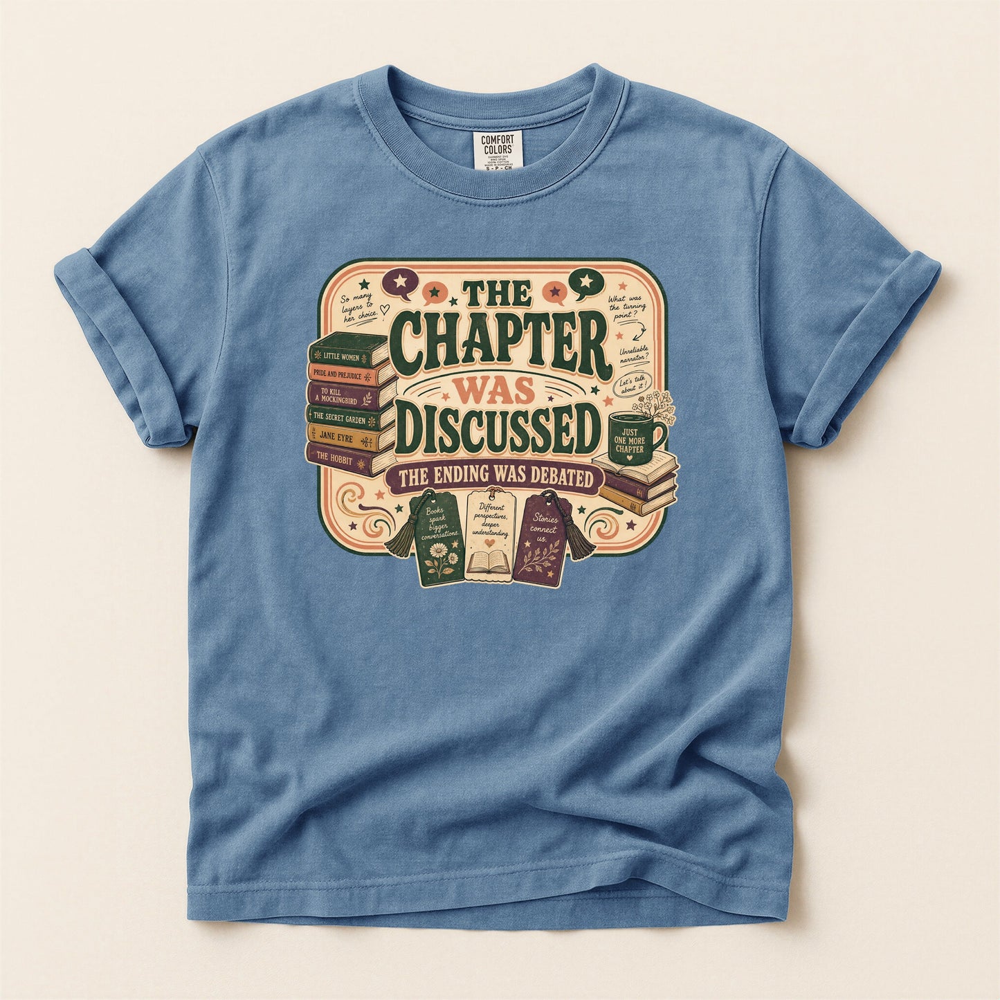 The Chapter Was Discussed bookish tee in Blue Jean, full flat