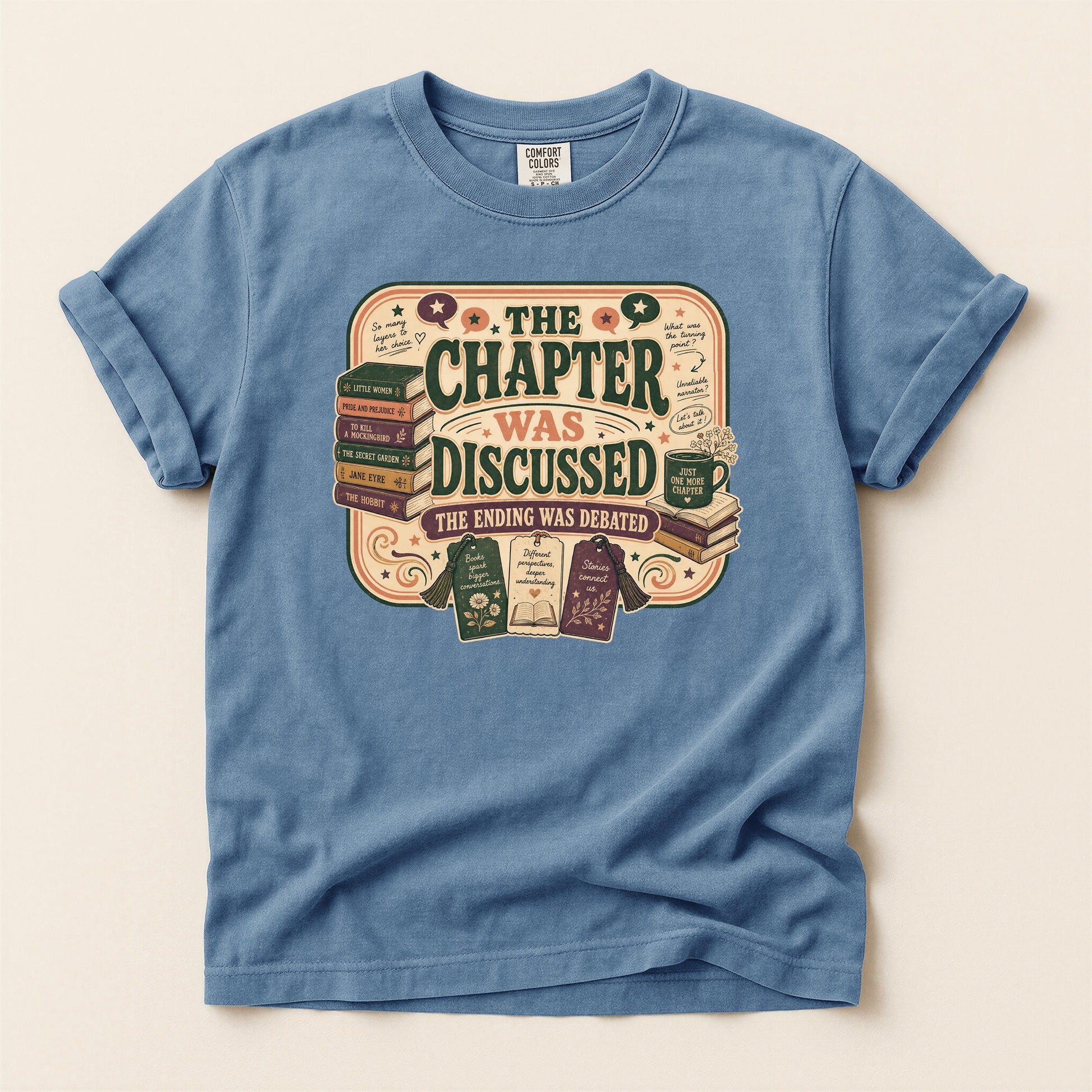 The Chapter Was Discussed bookish tee in Blue Jean, full flat
