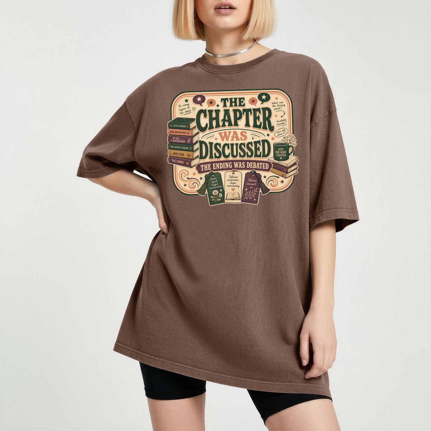The Chapter Was Discussed bookish tee in Espresso, worn