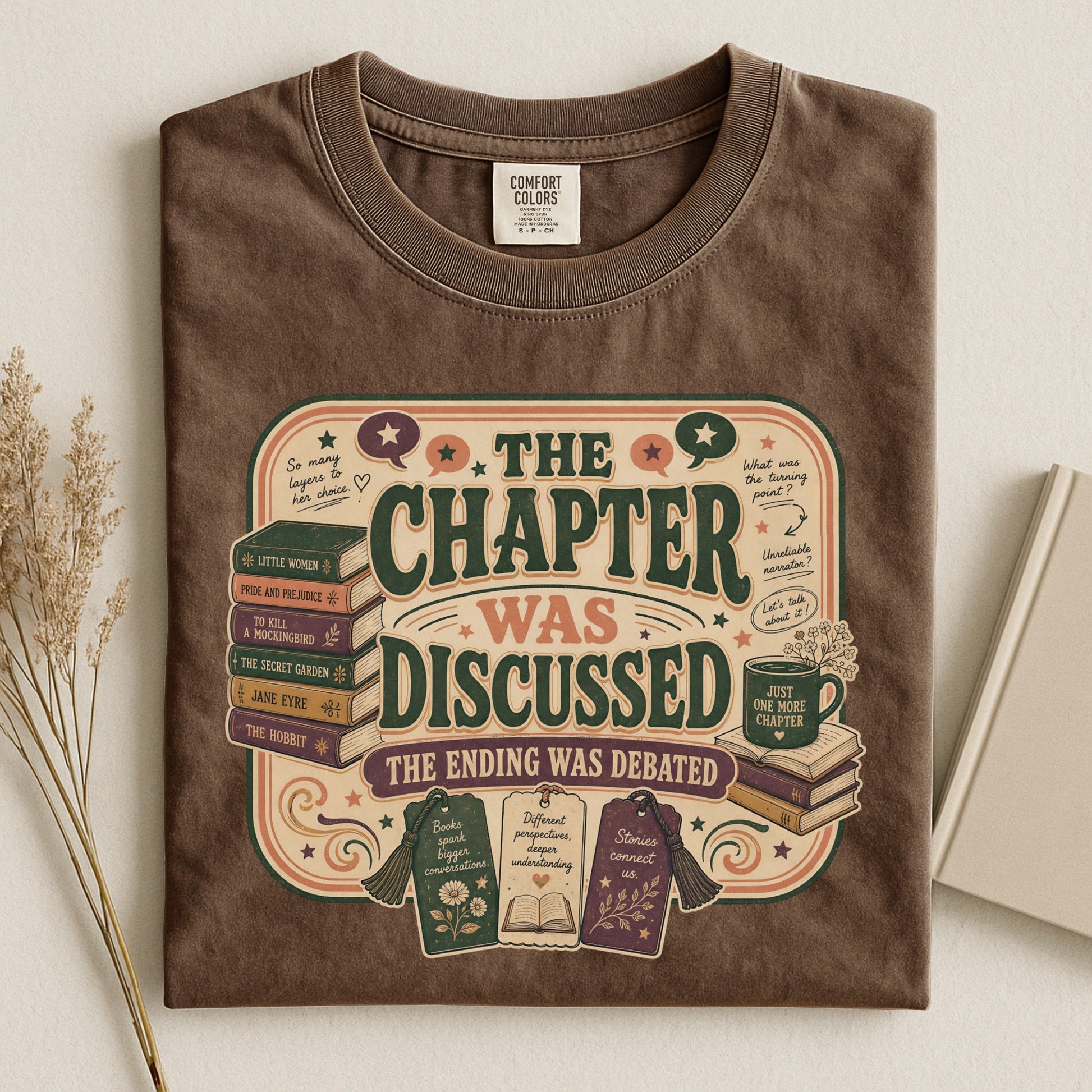 The Chapter Was Discussed bookish tee in Espresso, flat lay
