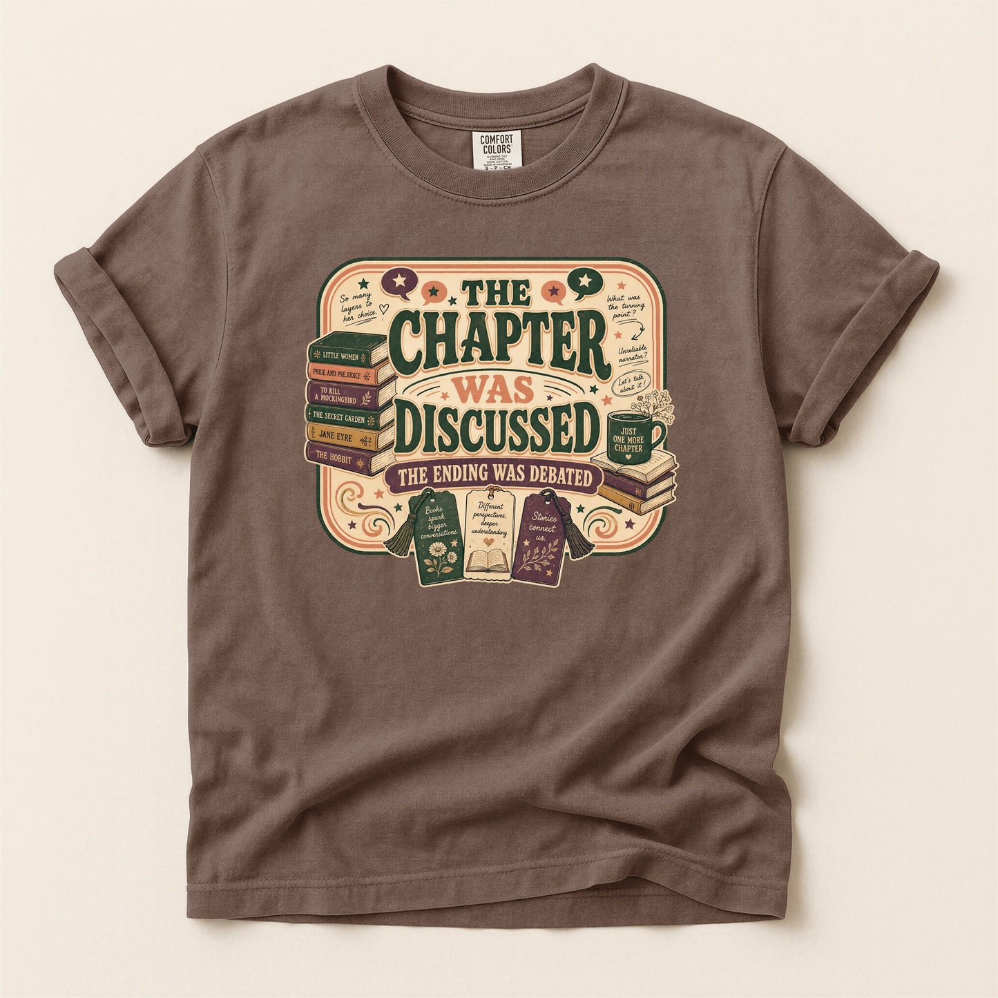The Chapter Was Discussed bookish tee in Espresso, full flat