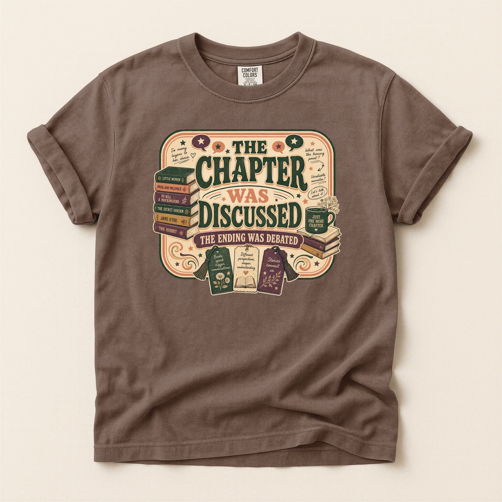 The Chapter Was Discussed bookish tee in Espresso, full flat