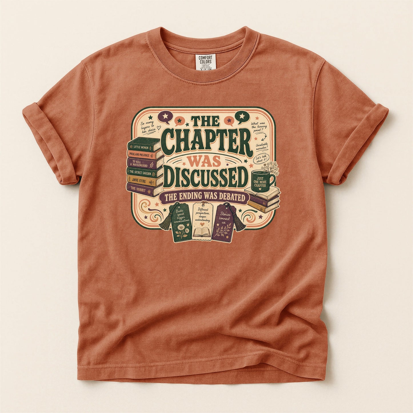 The Chapter Was Discussed bookish tee in Yam, full flat