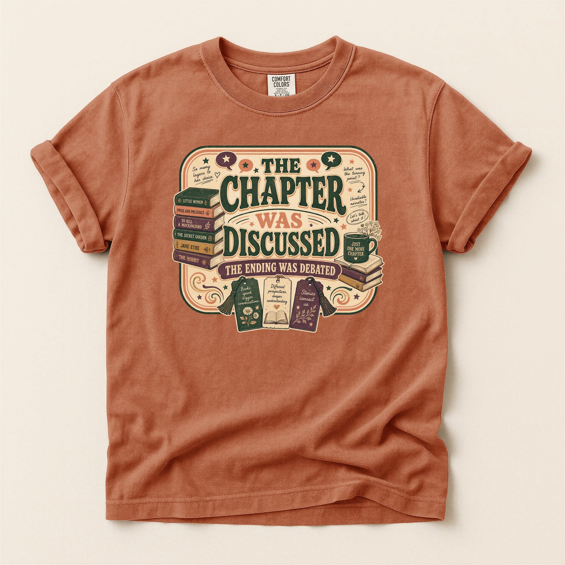 The Chapter Was Discussed bookish tee in Yam, full flat