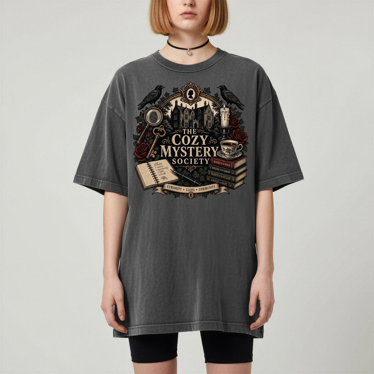 The Cozy Mystery Society bookish tee in Pepper, worn