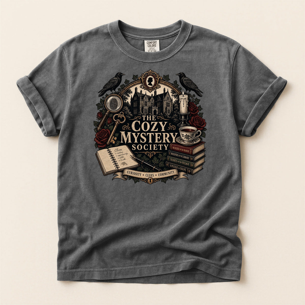 The Cozy Mystery Society bookish tee in Pepper, full flat
