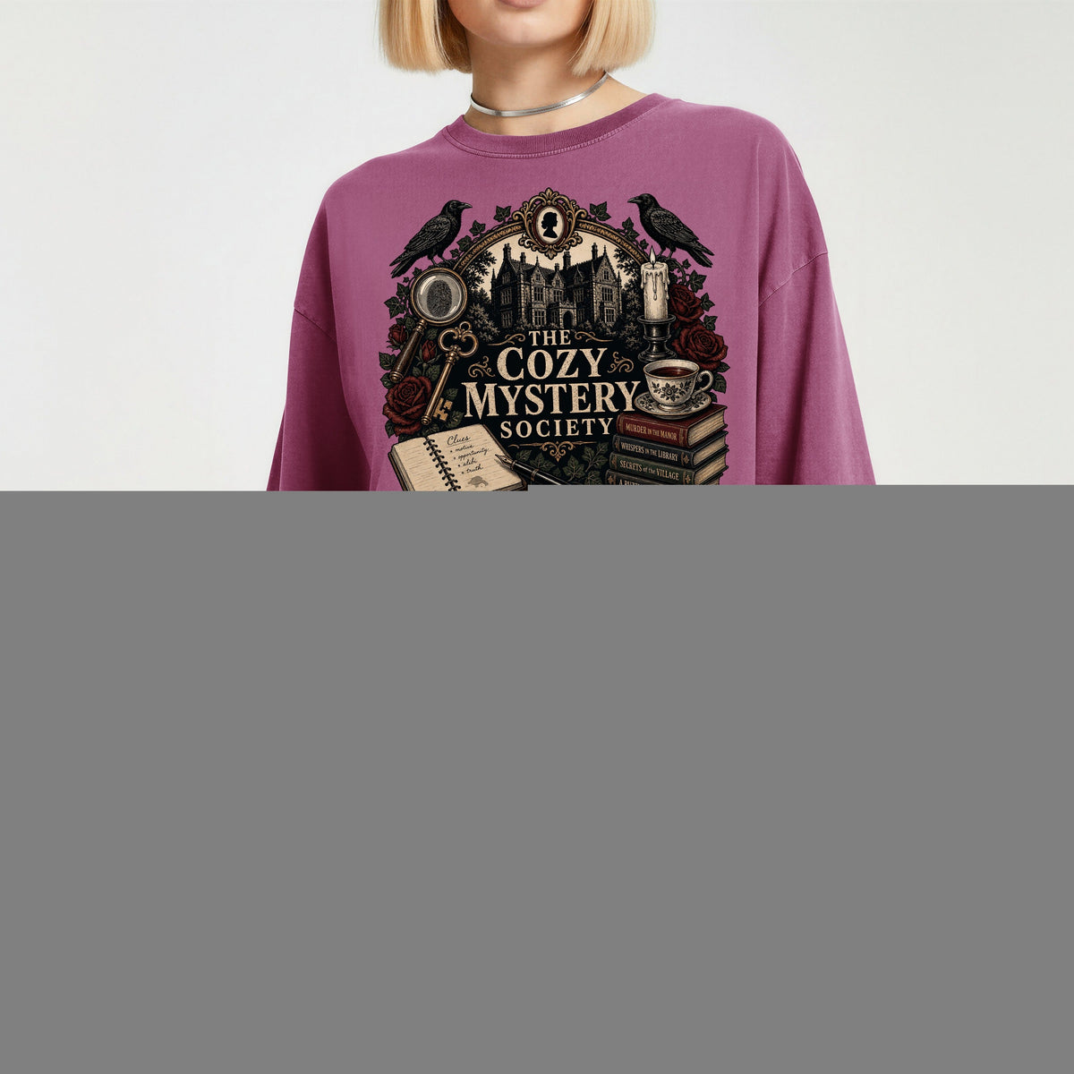 The Cozy Mystery Society bookish tee in Berry, worn