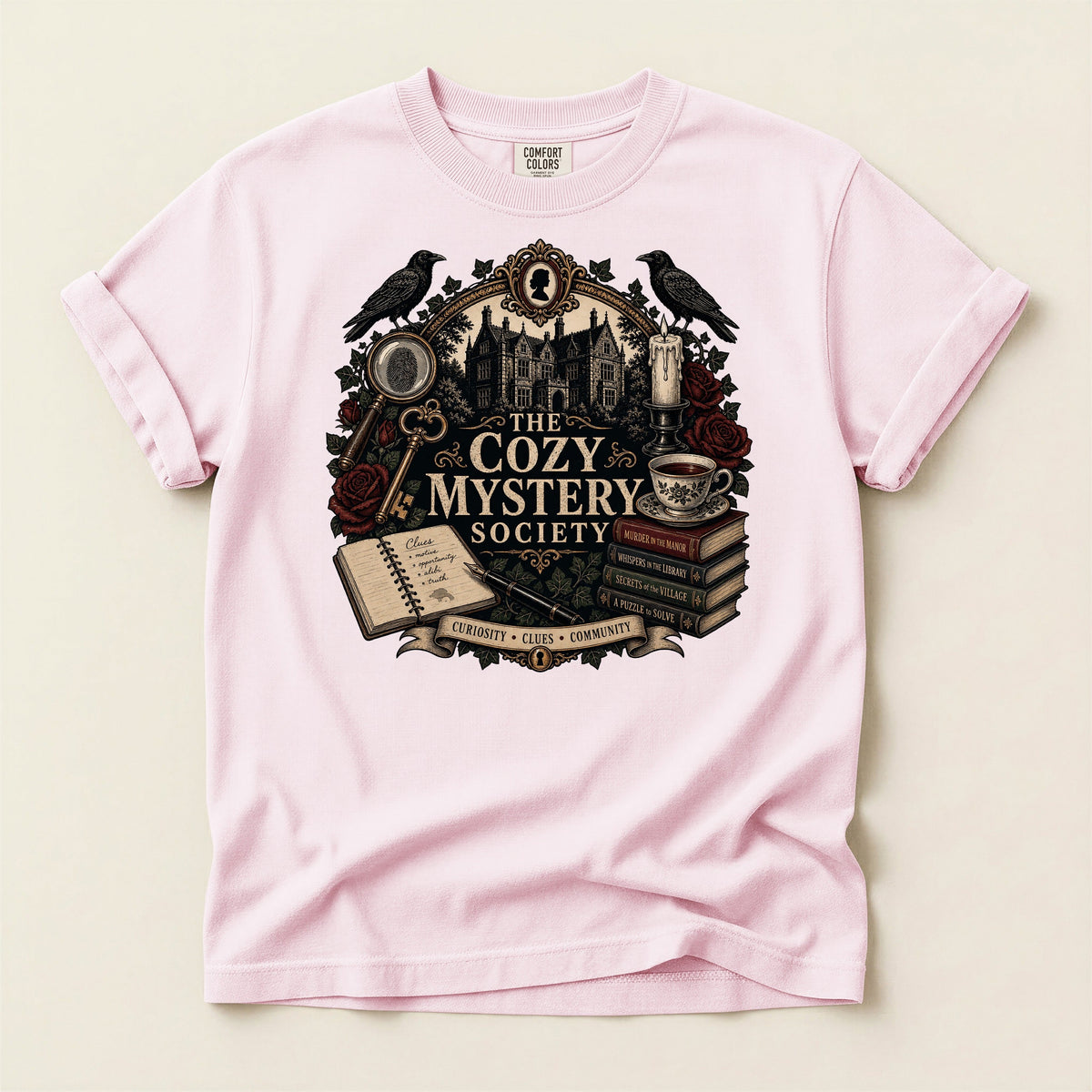 The Cozy Mystery Society bookish tee in Blossom, full flat
