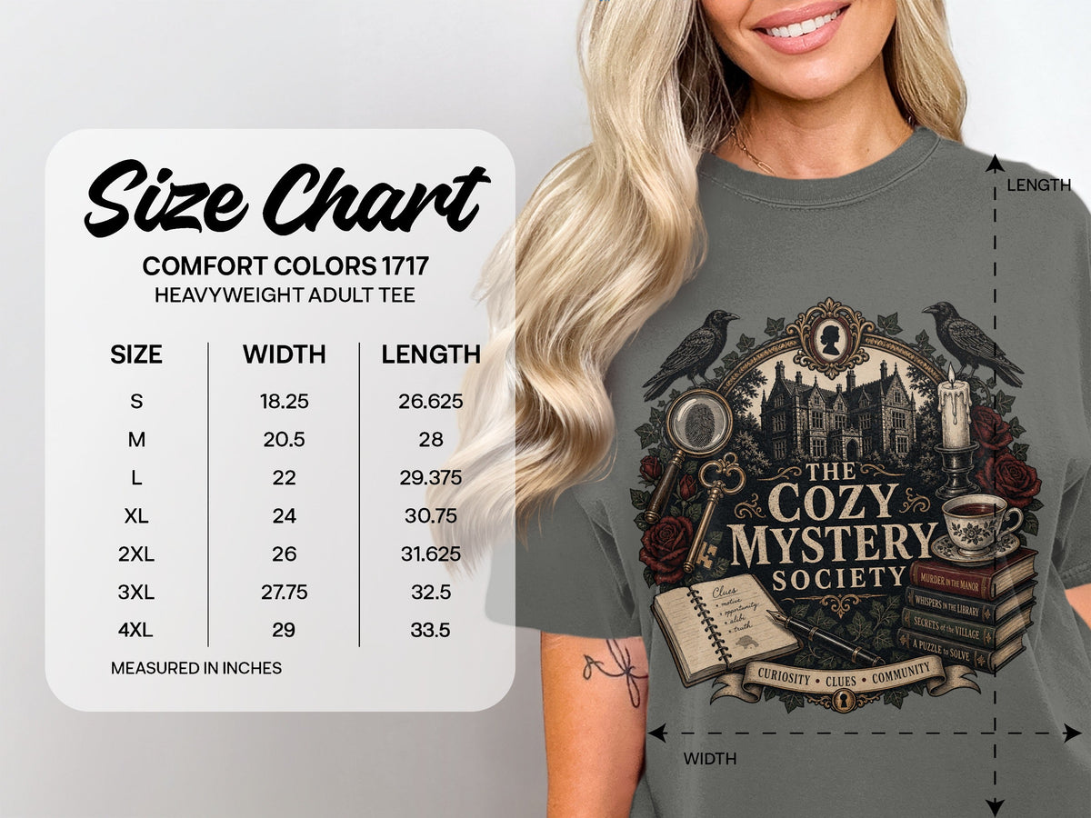 The Cozy Mystery Society size chart