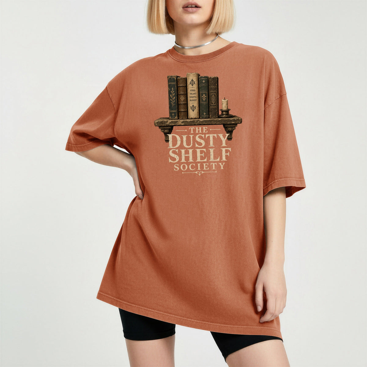 Shelf Love Studio The Dusty Shelf Society t-shirt in Yam, worn