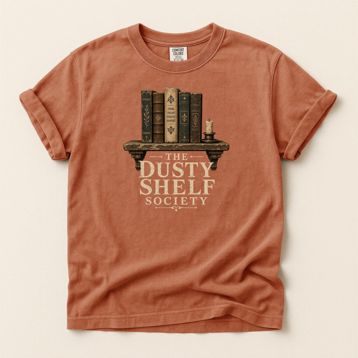 Shelf Love Studio The Dusty Shelf Society t-shirt in Yam, flat