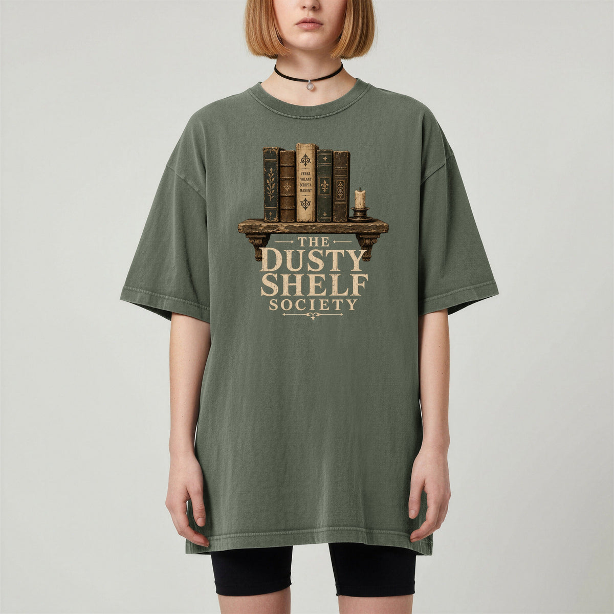 Shelf Love Studio The Dusty Shelf Society t-shirt in Moss, worn