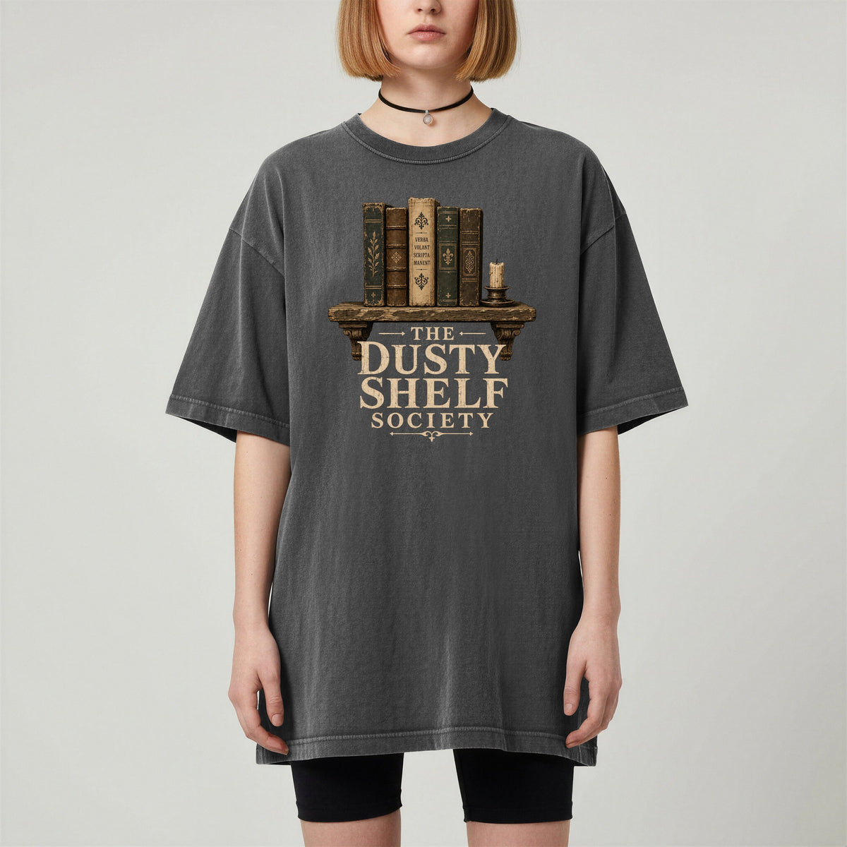 Shelf Love Studio The Dusty Shelf Society t-shirt in Pepper, worn