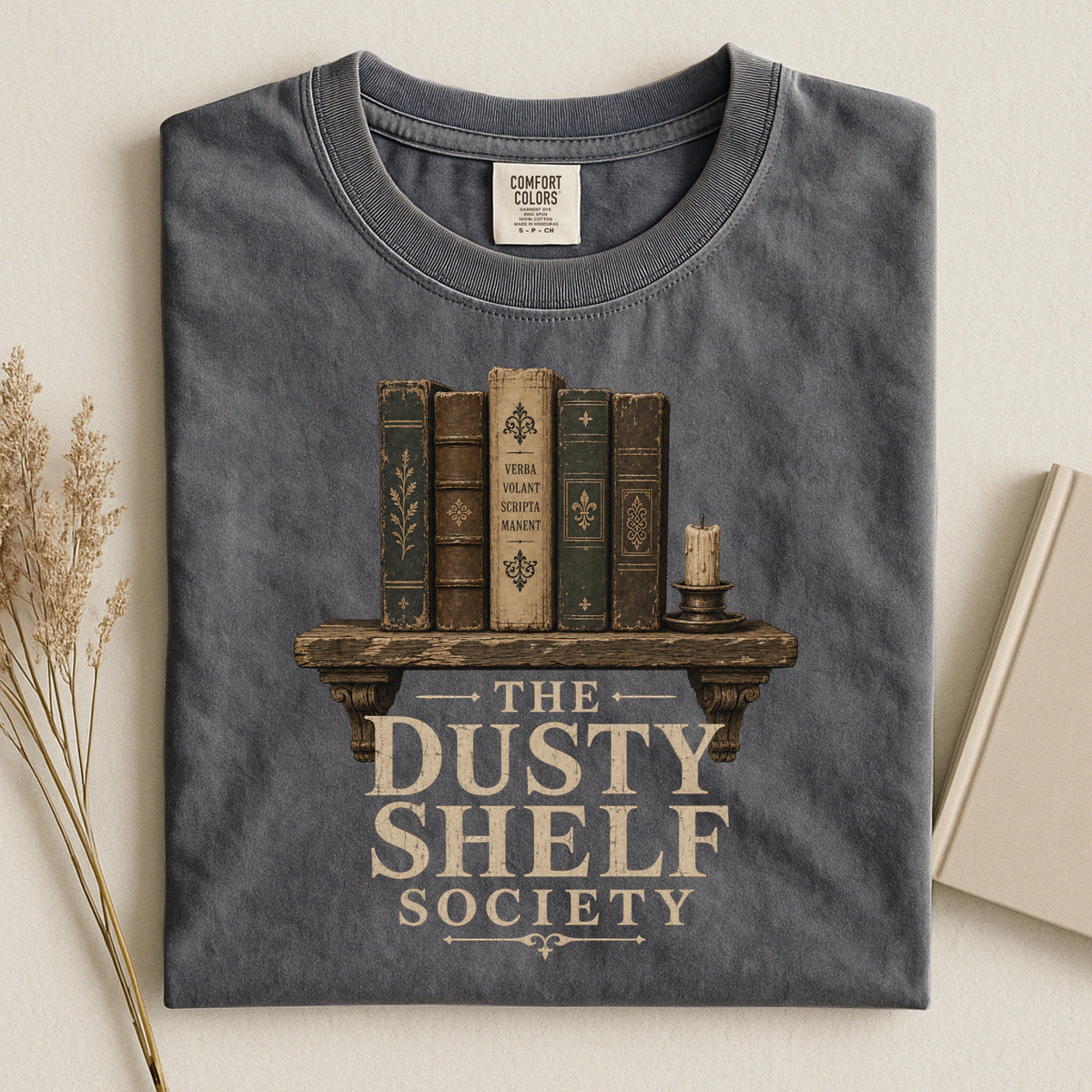 Shelf Love Studio The Dusty Shelf Society t-shirt in Pepper, styled flat lay