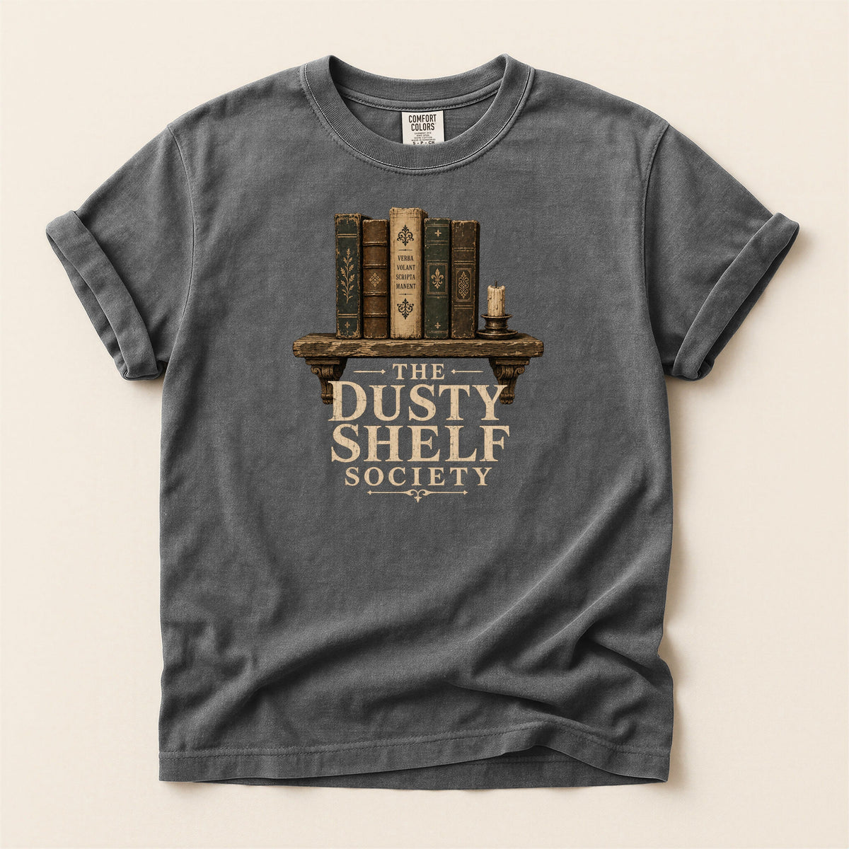 Shelf Love Studio The Dusty Shelf Society t-shirt in Pepper, flat