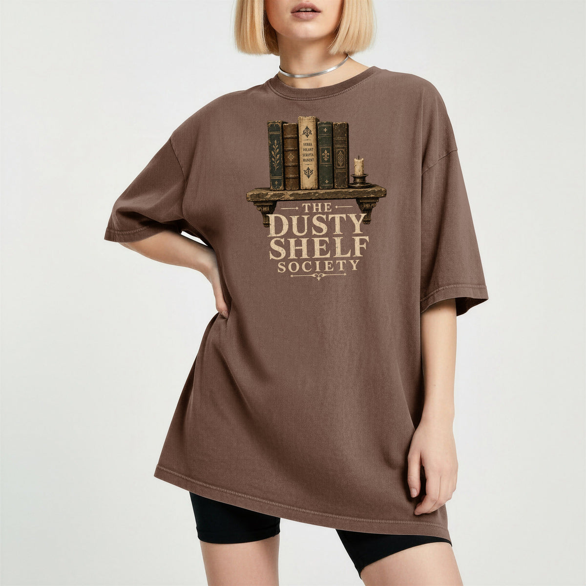 Shelf Love Studio The Dusty Shelf Society t-shirt in Espresso, worn