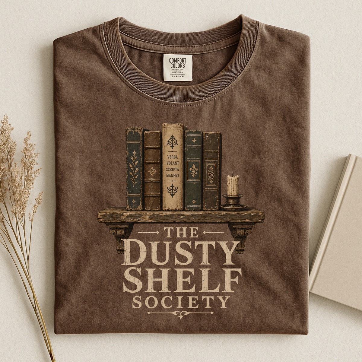 Shelf Love Studio The Dusty Shelf Society t-shirt in Espresso, styled flat lay