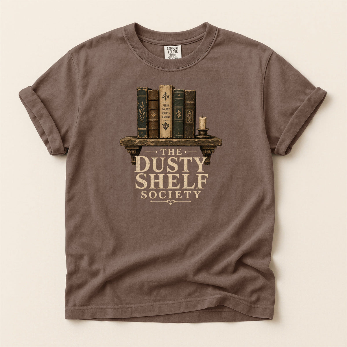 Shelf Love Studio The Dusty Shelf Society t-shirt in Espresso, flat