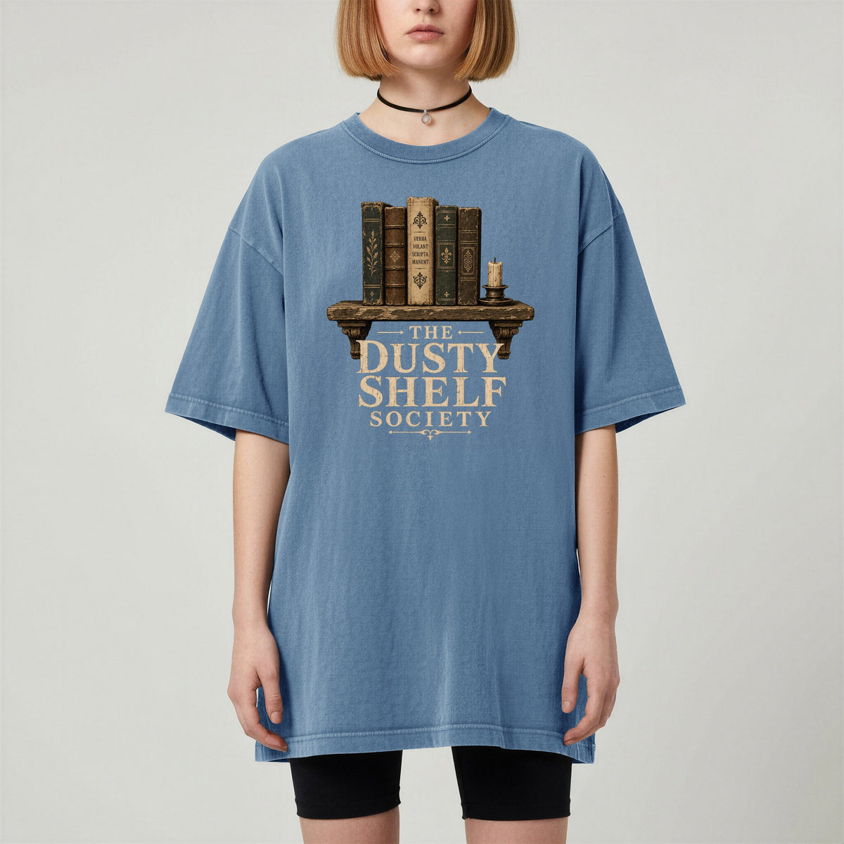 Shelf Love Studio The Dusty Shelf Society t-shirt in Blue Jean, worn