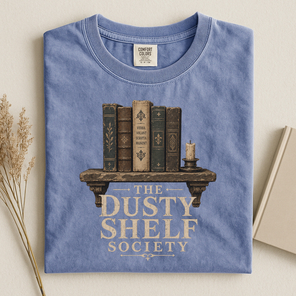 Shelf Love Studio The Dusty Shelf Society t-shirt in Blue Jean, styled flat lay